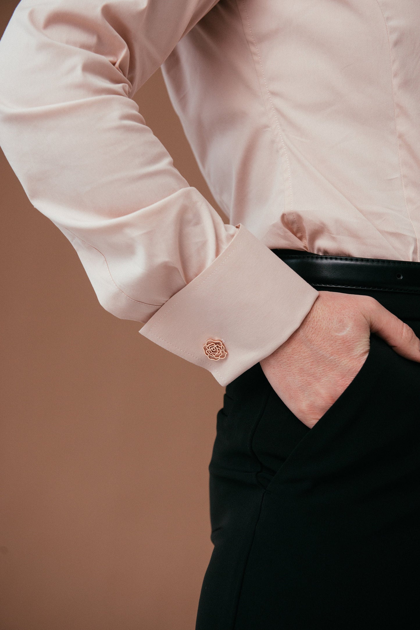 Pastel Pink Cotton French Cuff Blouse: Fitted High Collar Shirt