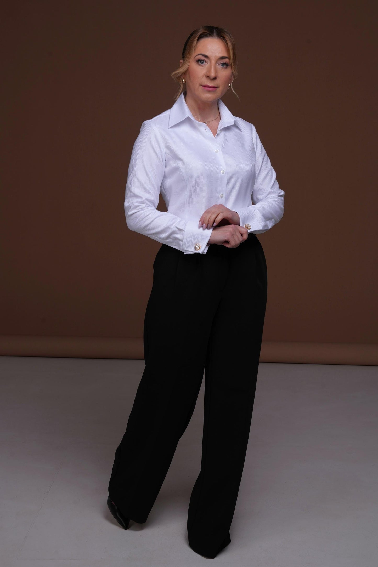 White Herringbone French Cuff Blouse Button Up: 100% Cotton Women's Dress Shirt