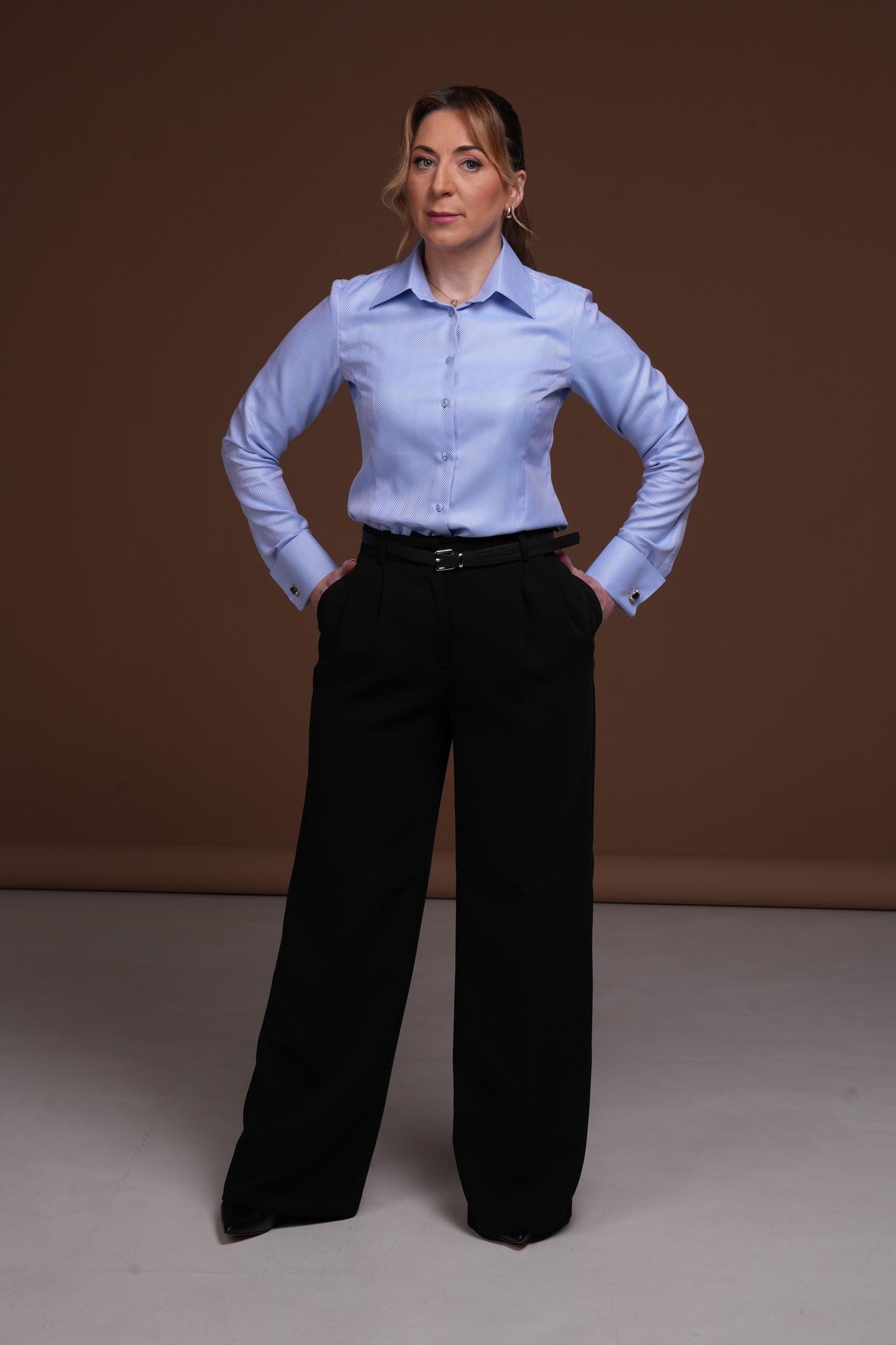 Blue French Cuff Blouse: Elegant 100% Cotton Easy Care Shirt