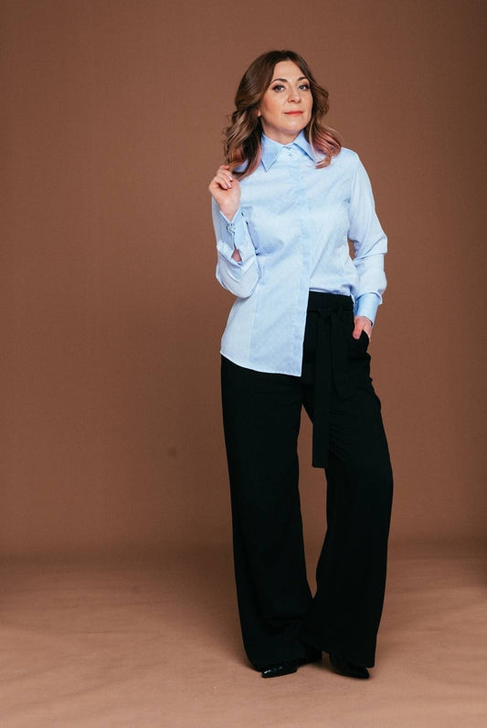 Blue Oxford Cotton French Cuff Blouse: No-Iron Long Sleeve Shirt