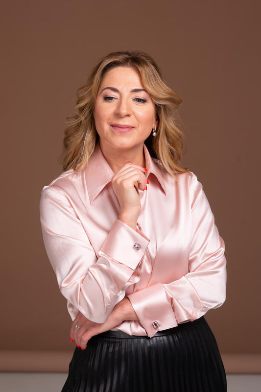 Pink Mulberry Silk Blouse: French Cuff Button-Up Shirt