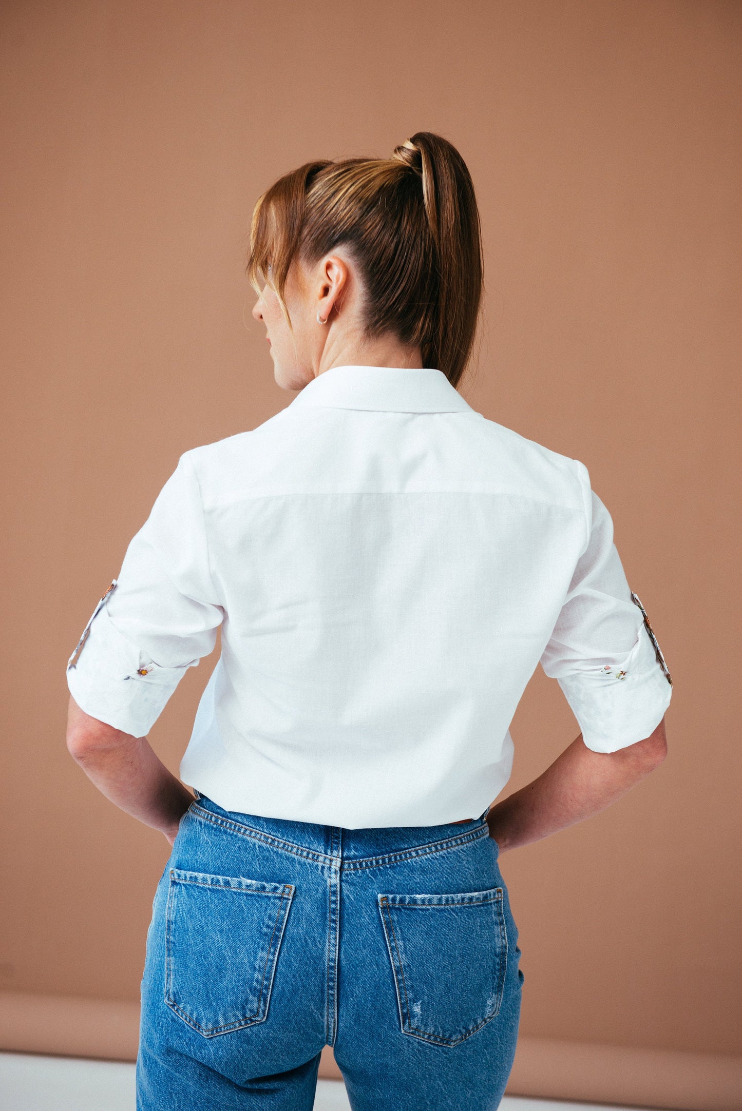 White Linen Cotton Blouse: Floral Accents, Convertible Sleeve