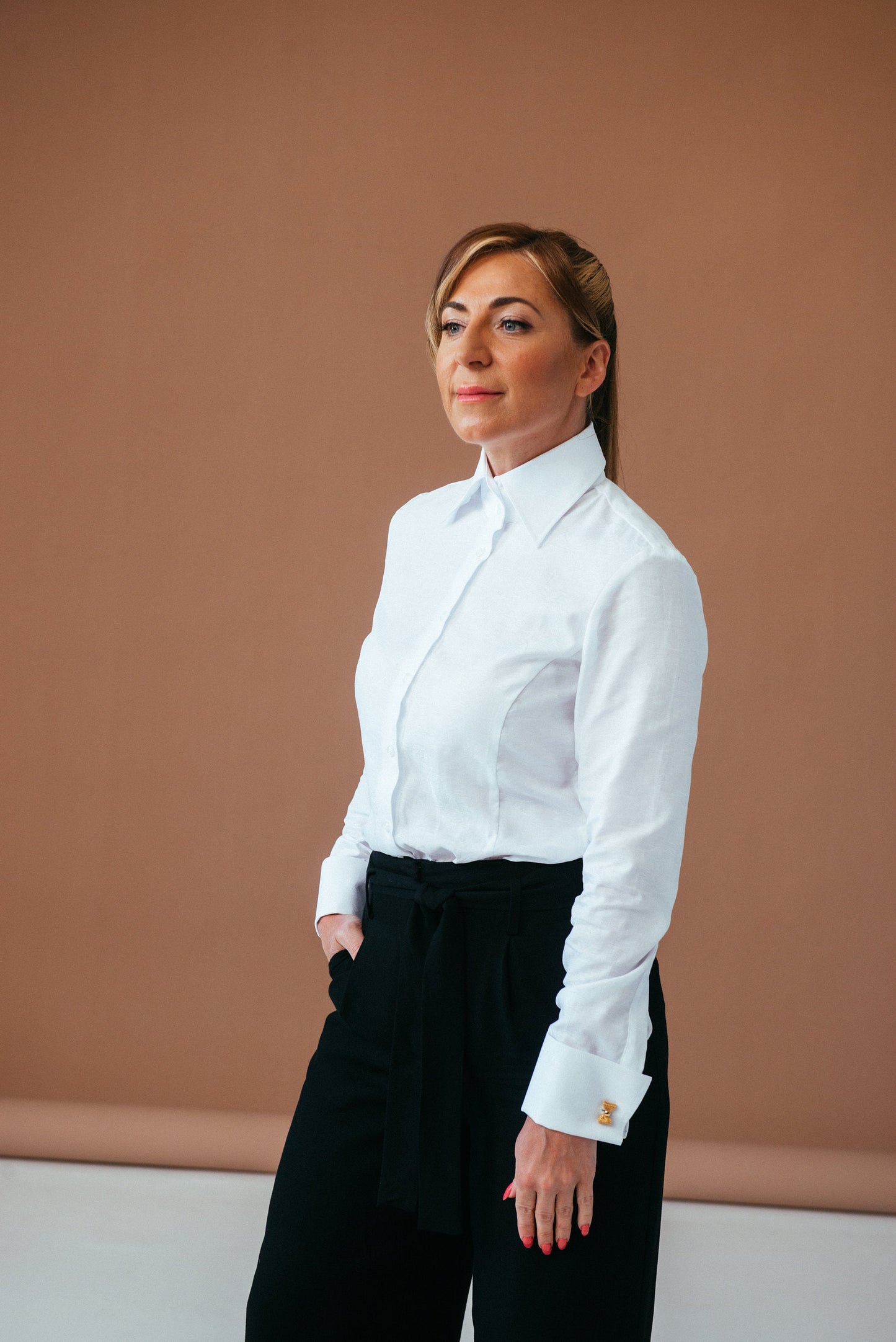 White French Cuff Blouse: Herringbone Cotton Dress Shirt