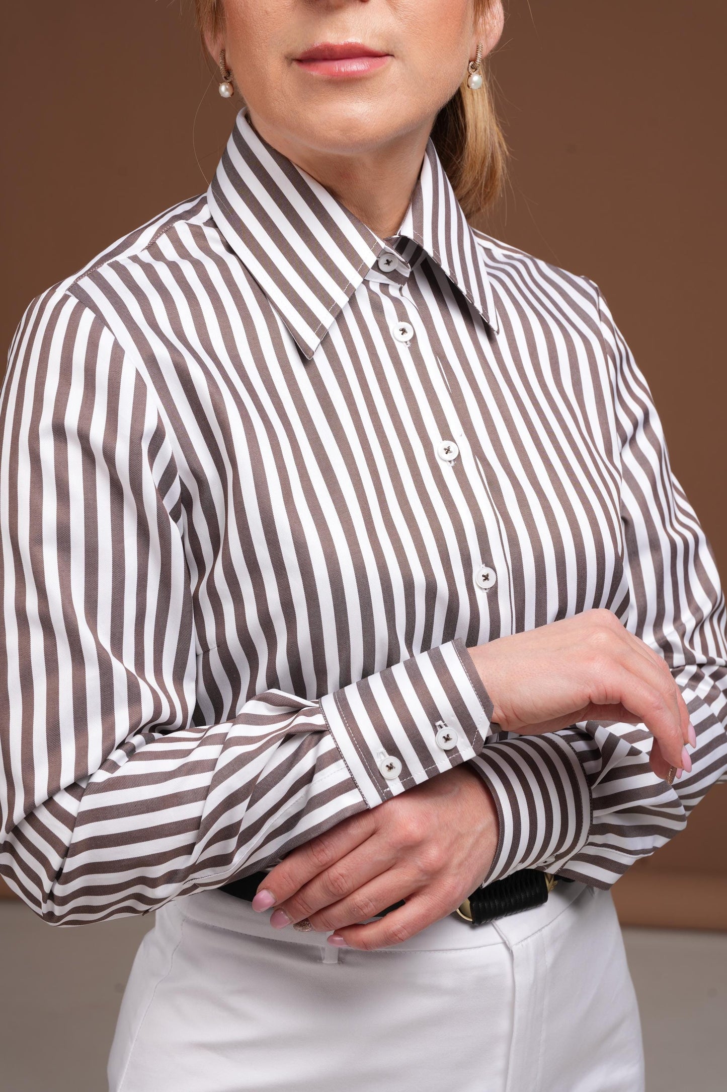 Brown and White Striped Cotton Blouse: European Made Easy Care Shirt
