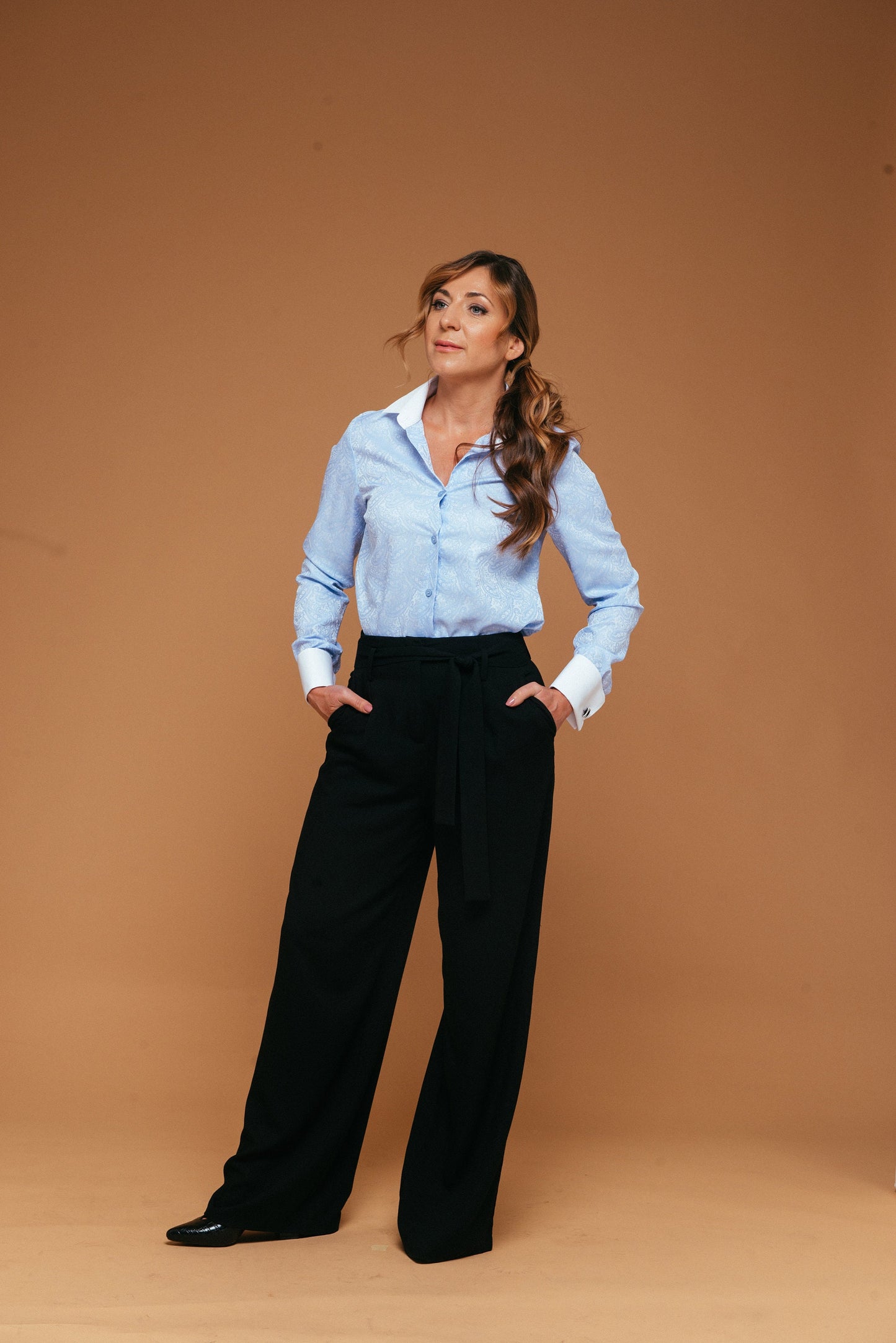 Paisley French Cuff Blouse: Light Blue Cotton Button-Down Shirt
