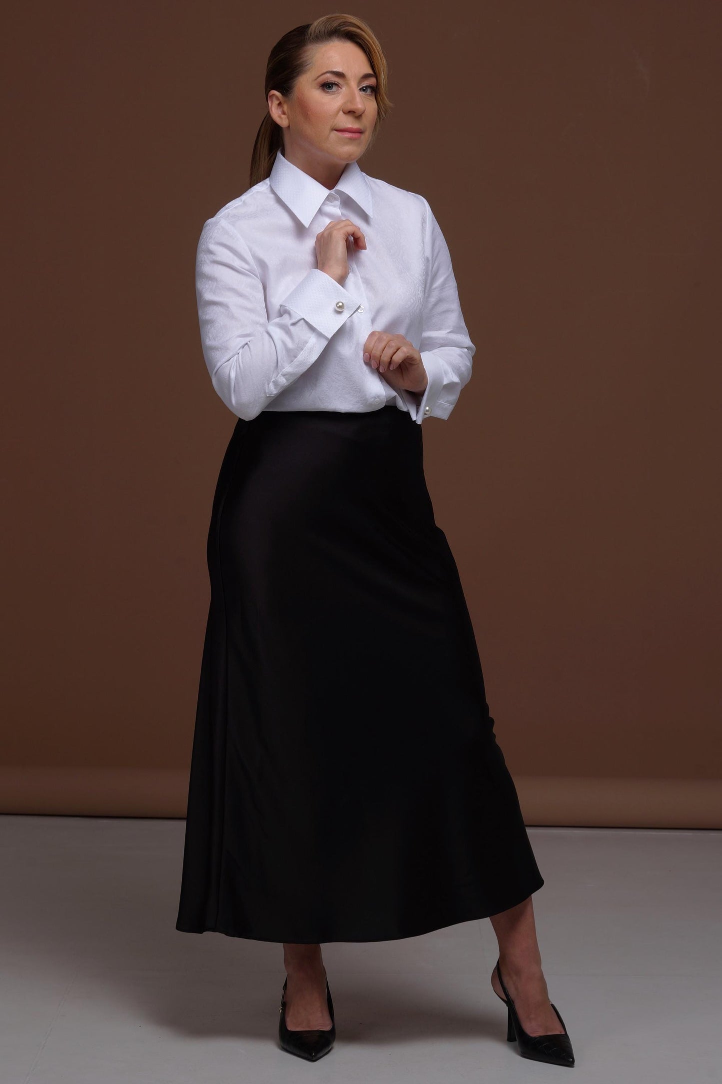 Elegant White Cotton Blouse: French Cuff Paisley Shirt
