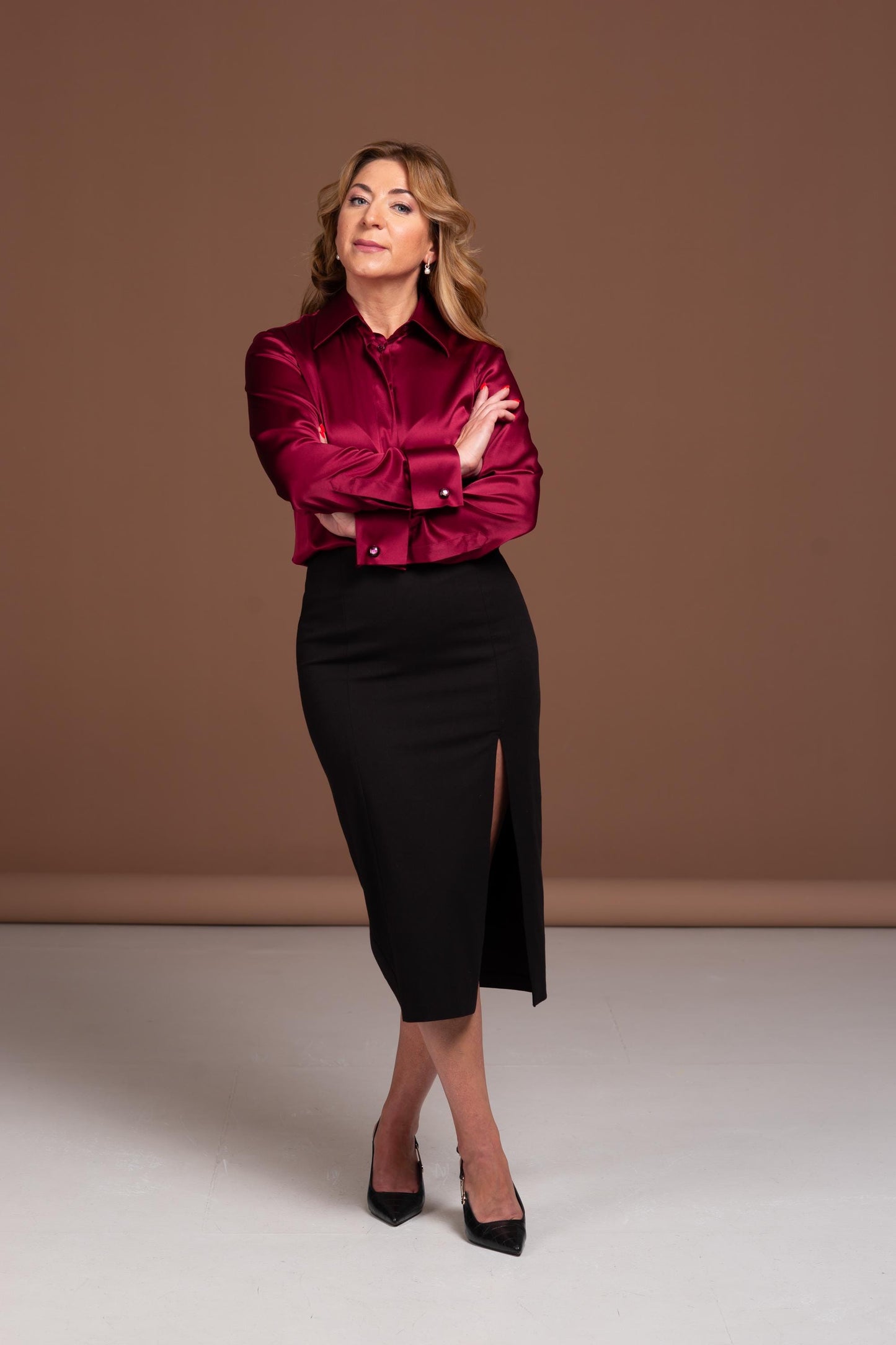 Mulberry Silk Blouse: Dark Red French Cuff Long Sleeve Shirt