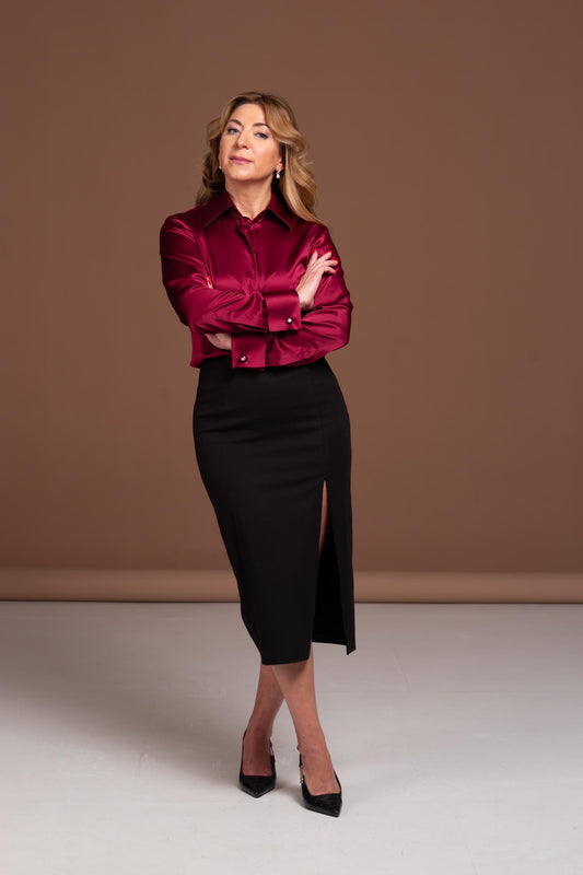 Mulberry Silk Blouse: Dark Red French Cuff Long Sleeve Shirt