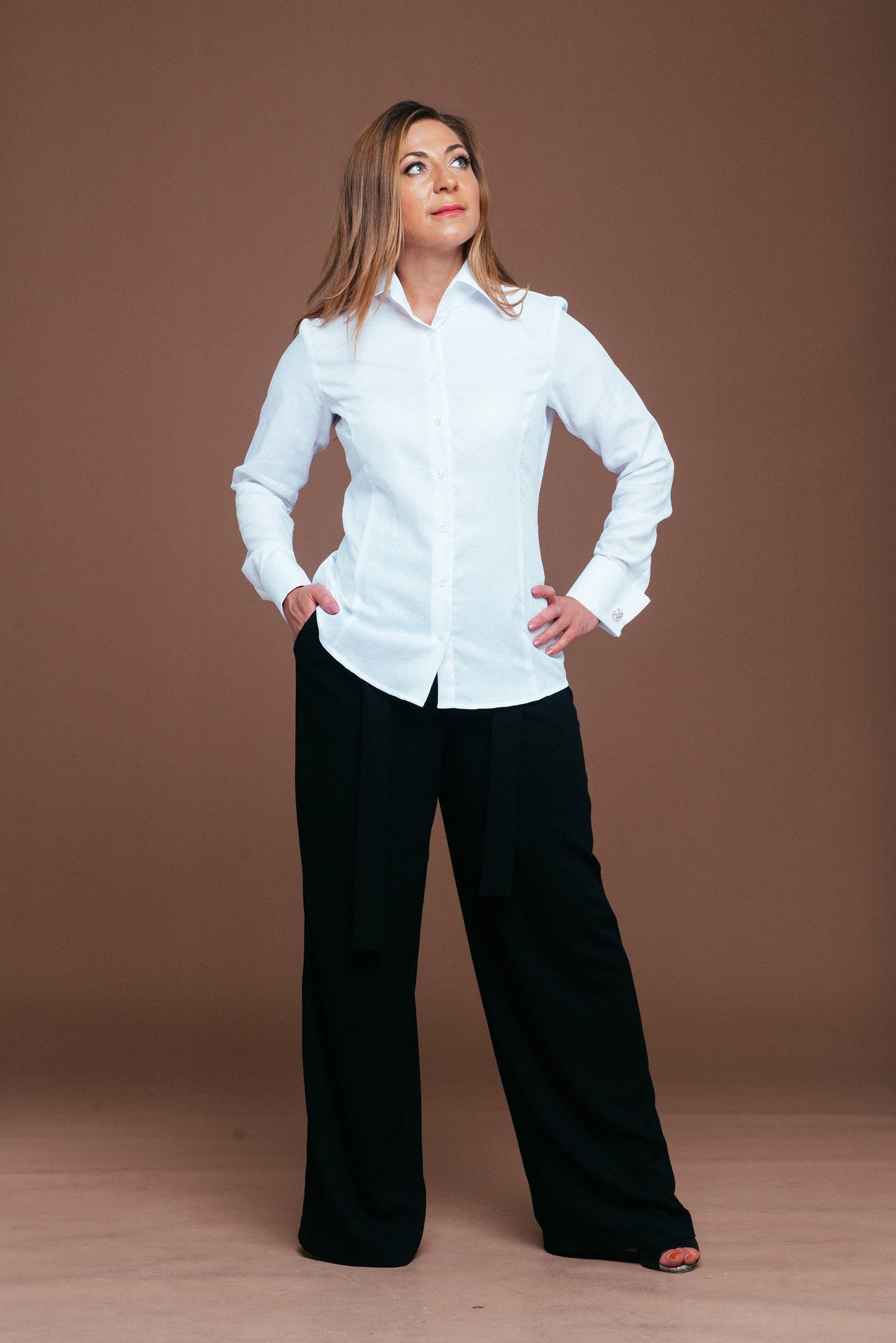 Fitted White Herringbone Blouse: French Cuff Cotton Shirt