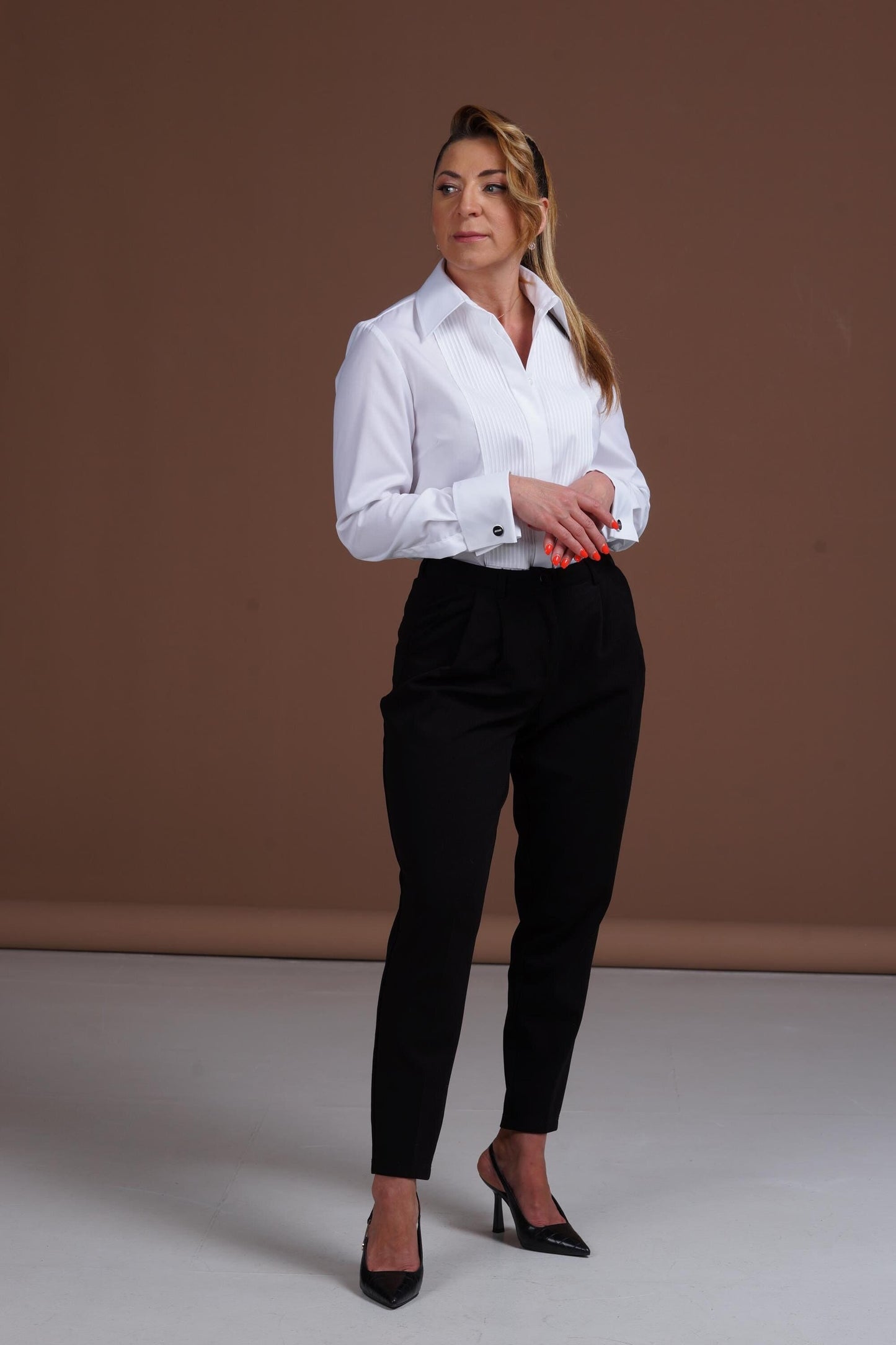 White Tuxedo Shirt: Pleated Front, French Cuffs - Cotton Wedding Blouse