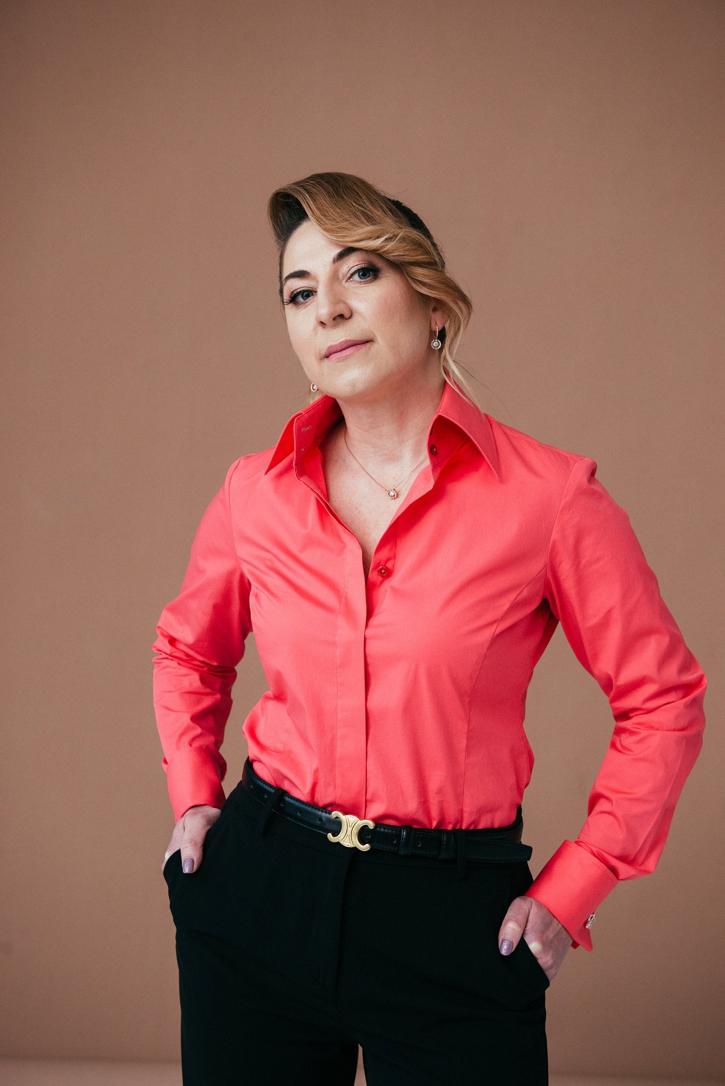 Coral Red French Cuff Blouse: Stretch Cotton High Collar Shirt for Women