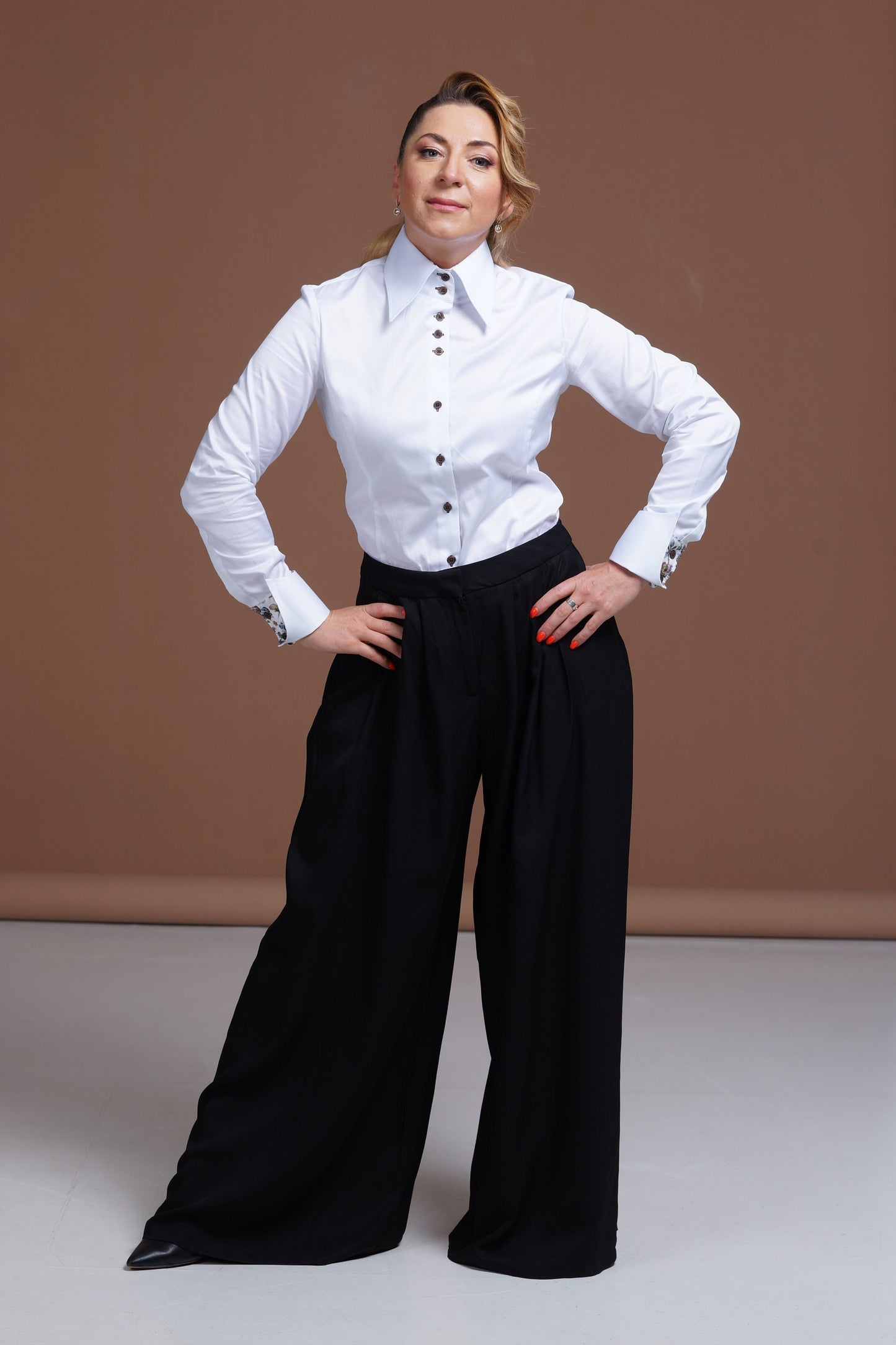 White Stretch Cotton Shirt: Women's High Neck Blouse with Floral Cuffs