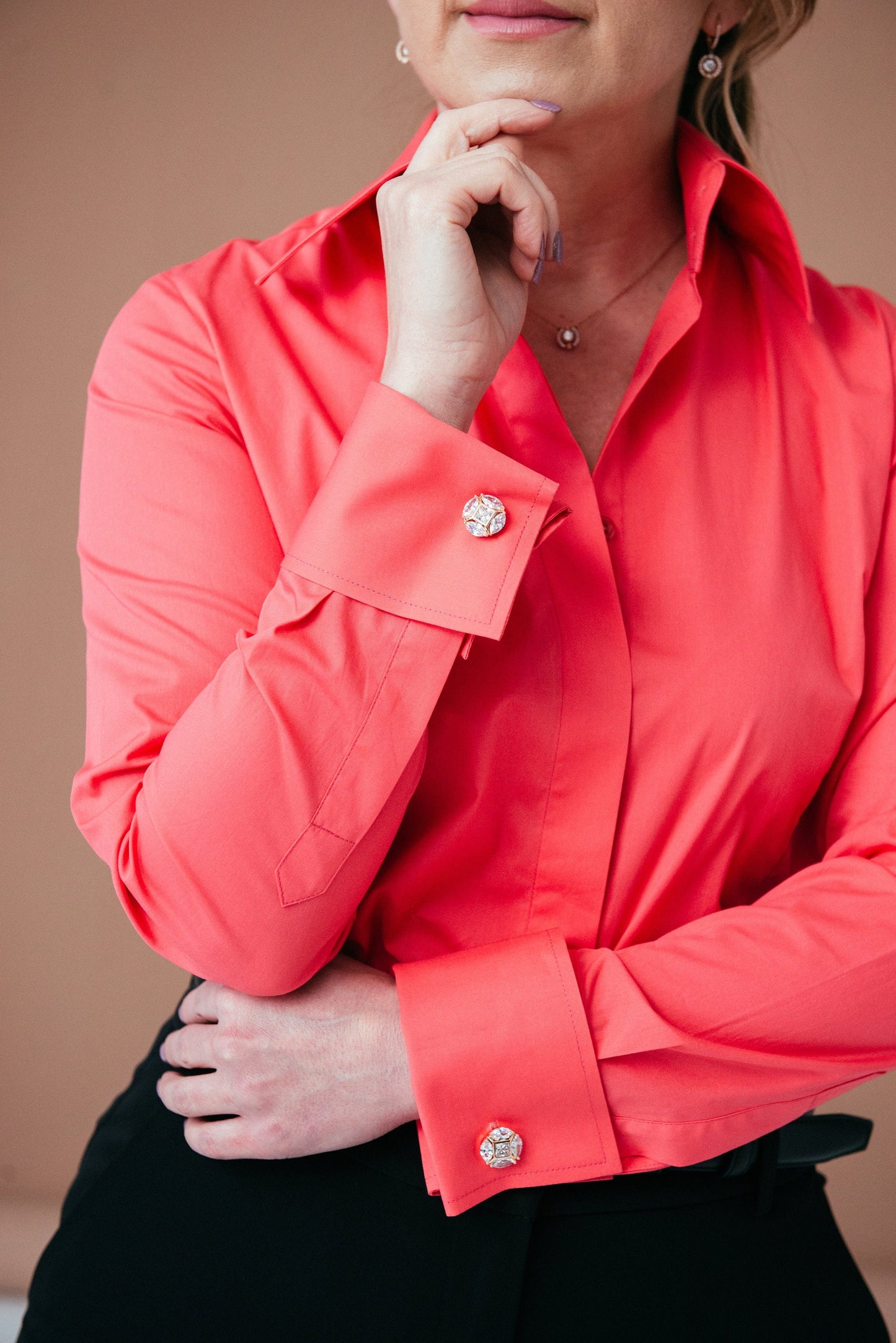 Coral Red French Cuff Blouse: Stretch Cotton High Collar Shirt for Women