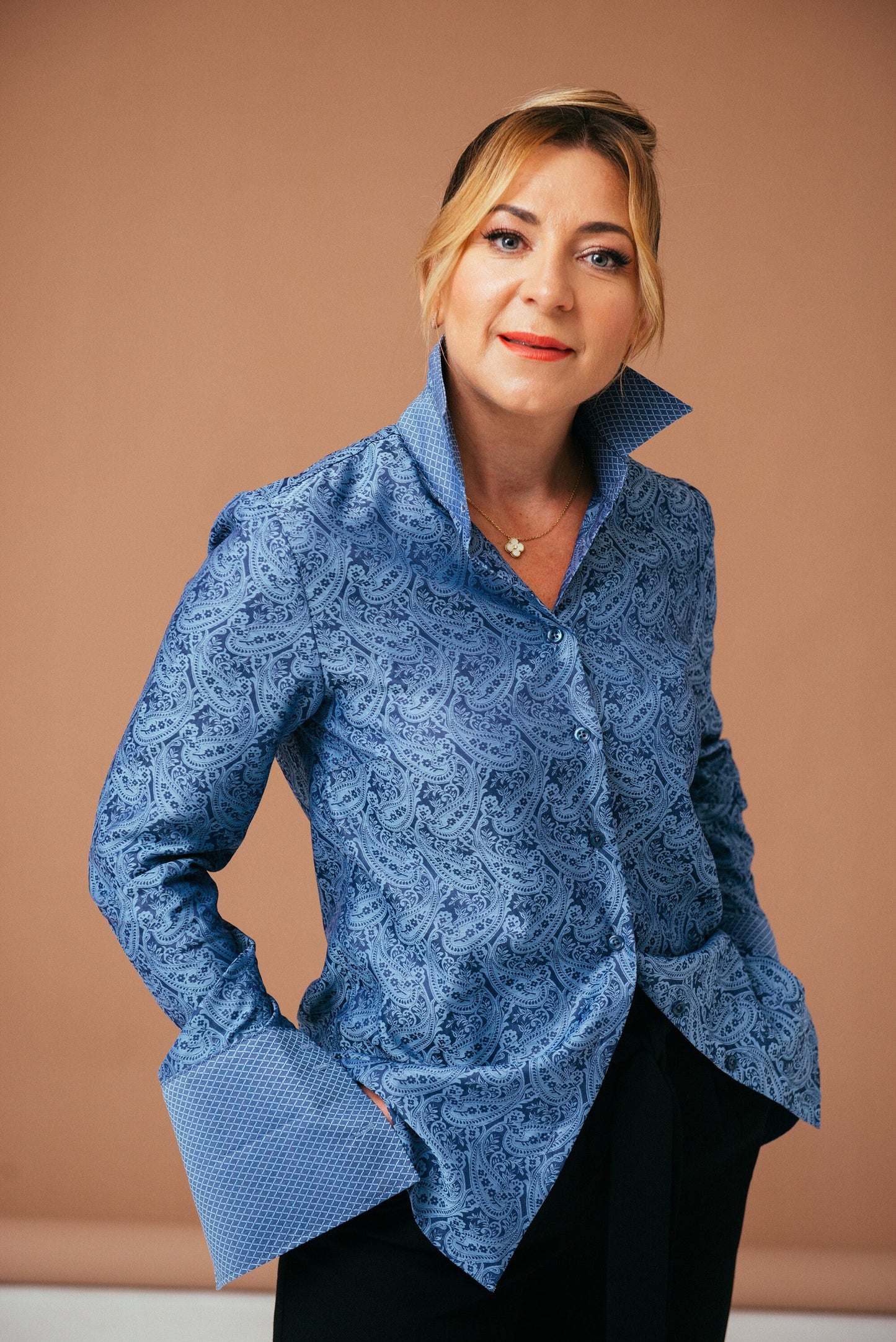 Blue Paisley Cotton French Cuff Shirt - Elegant Women's Blouse