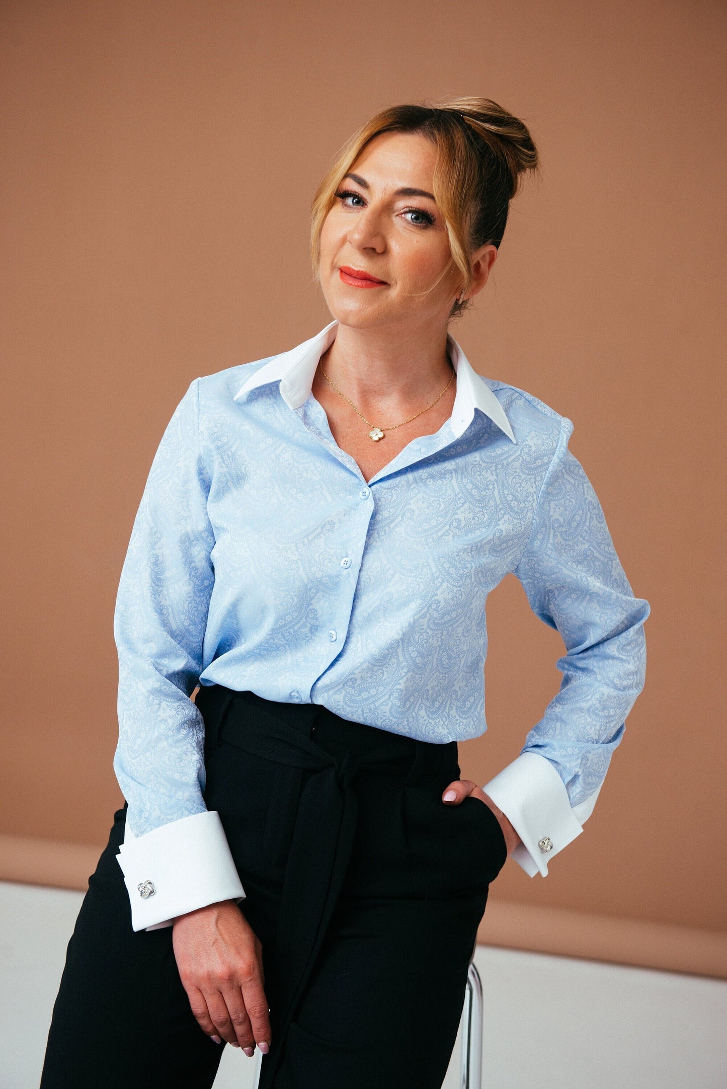 Light Blue Paisley Blouse: Cotton French Cuff Button-Down Shirt
