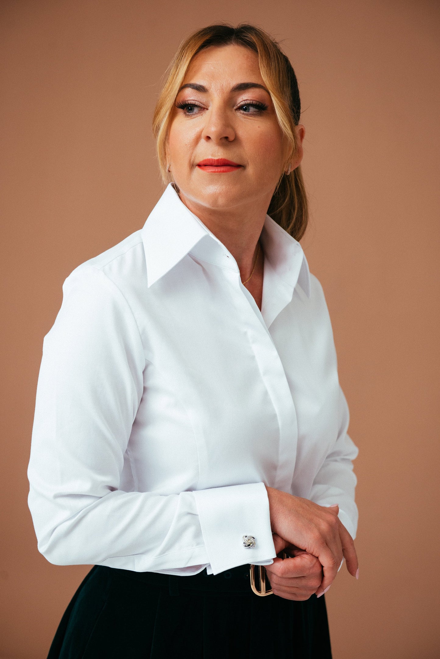 White French Cuff Blouse: High Collar, Pearlescent Buttons - Easy Care