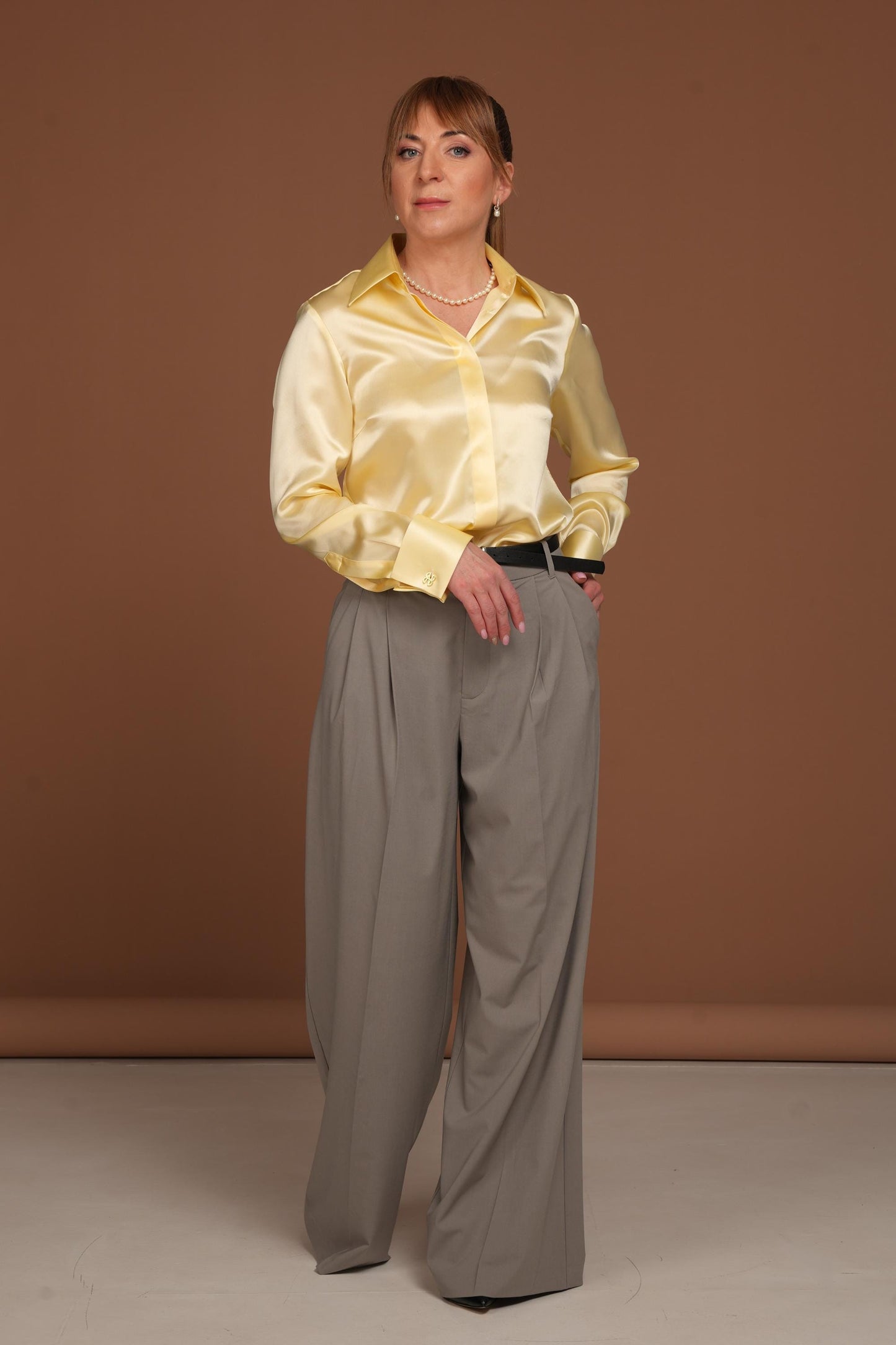 Butter Yellow Silk Blouse: Handmade Satin Shirt with French Cuffs