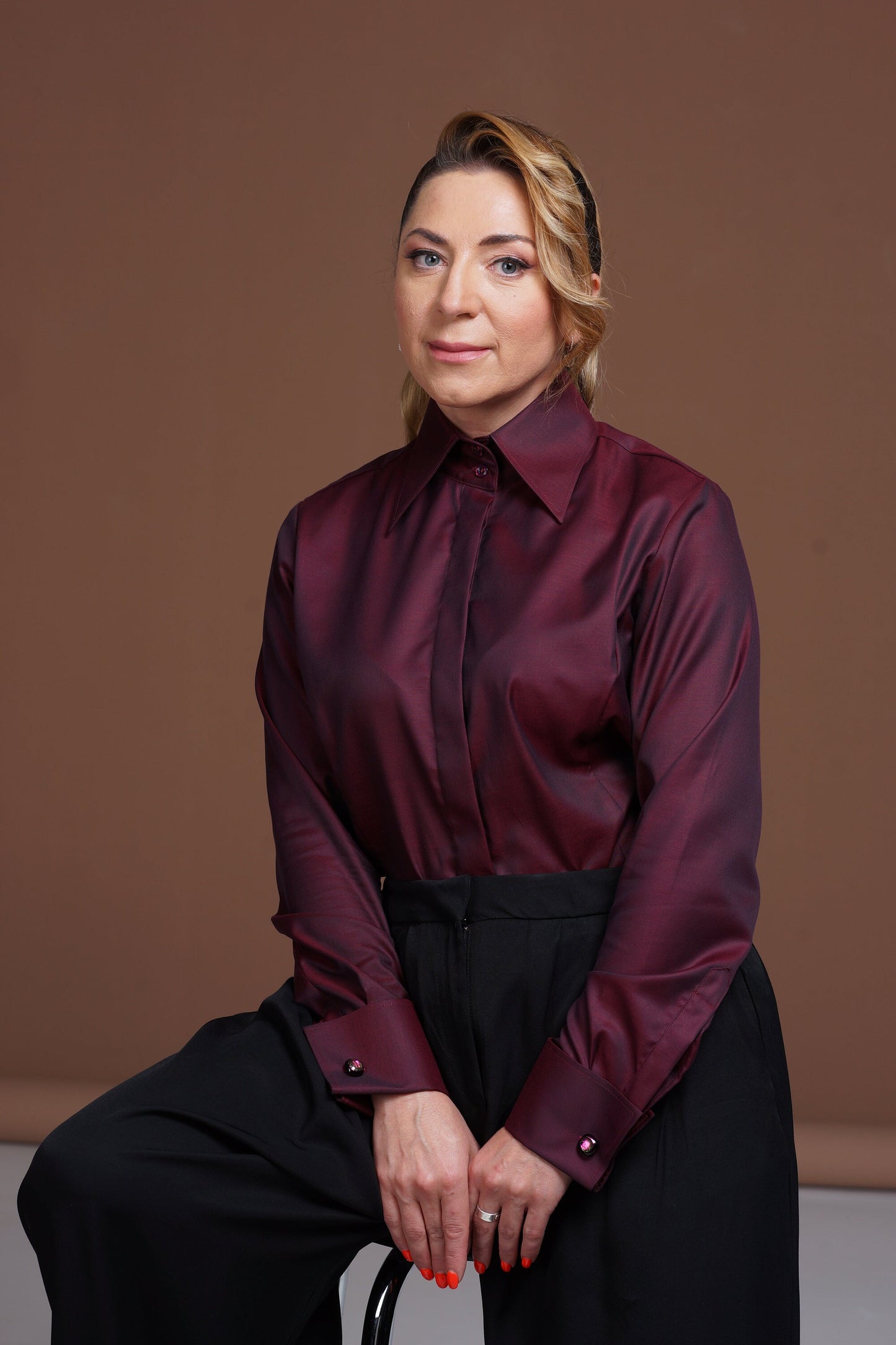 Burgundy French Cuff Blouse: Non-Iron Cotton, High Collar