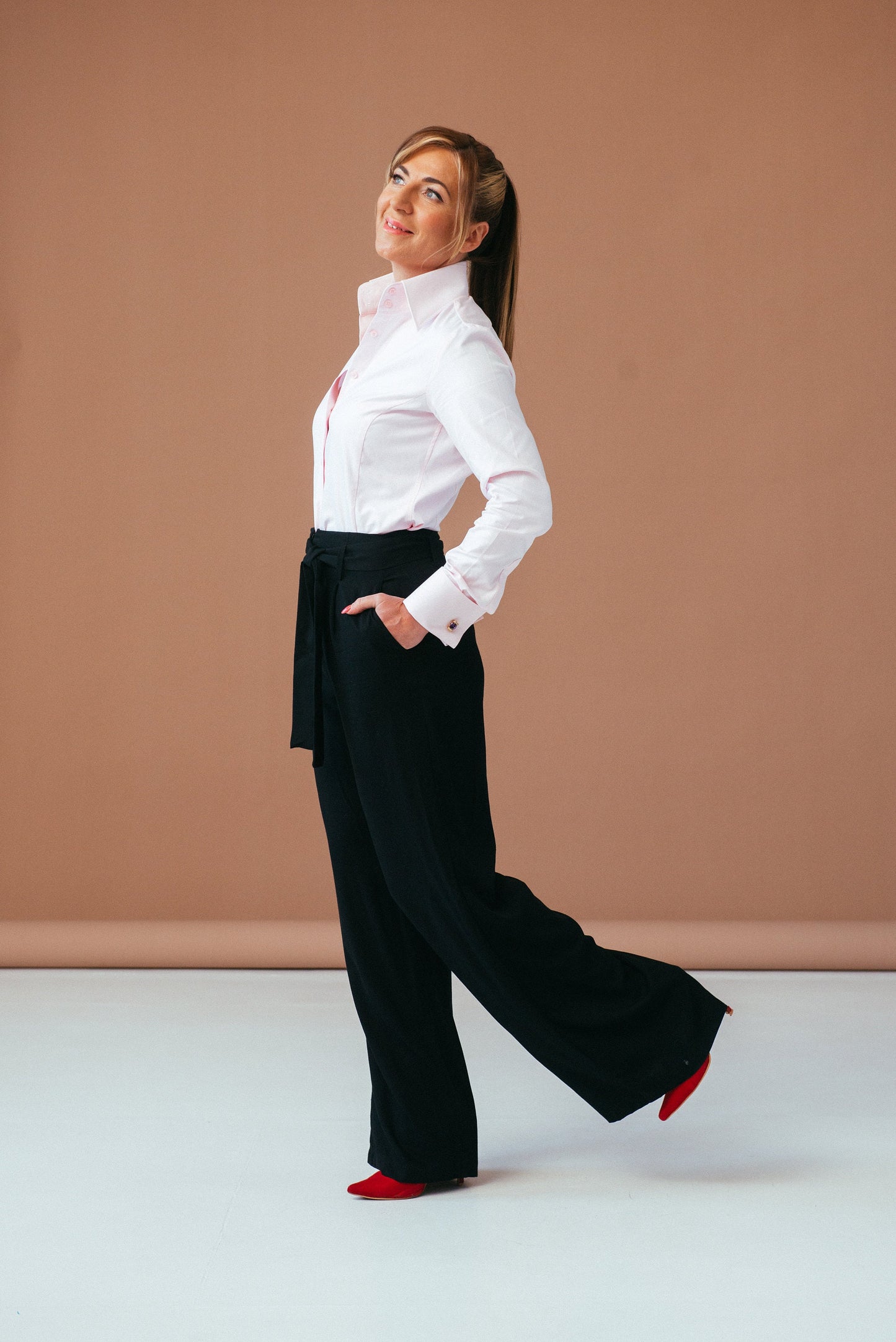 Pink Herringbone French Cuff Blouse: High Collar Cotton Shirt