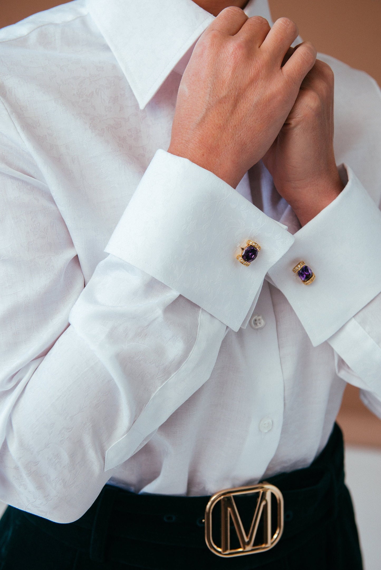 Floral White French Cuff Blouse: Luxury Cotton Formal Shirt