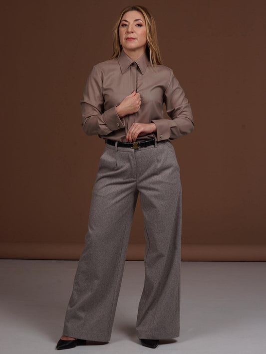 Luxury Merino Wool Shirt: Mocha Brown French Cuff Blouse