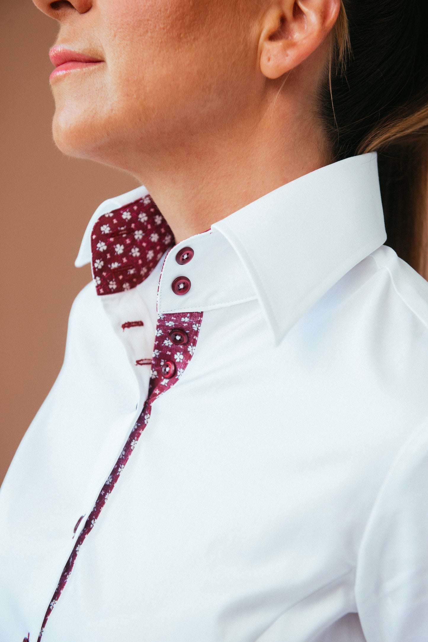 White Fitted Blouse: Stretch Cotton Button-Down with Designer Cuffs