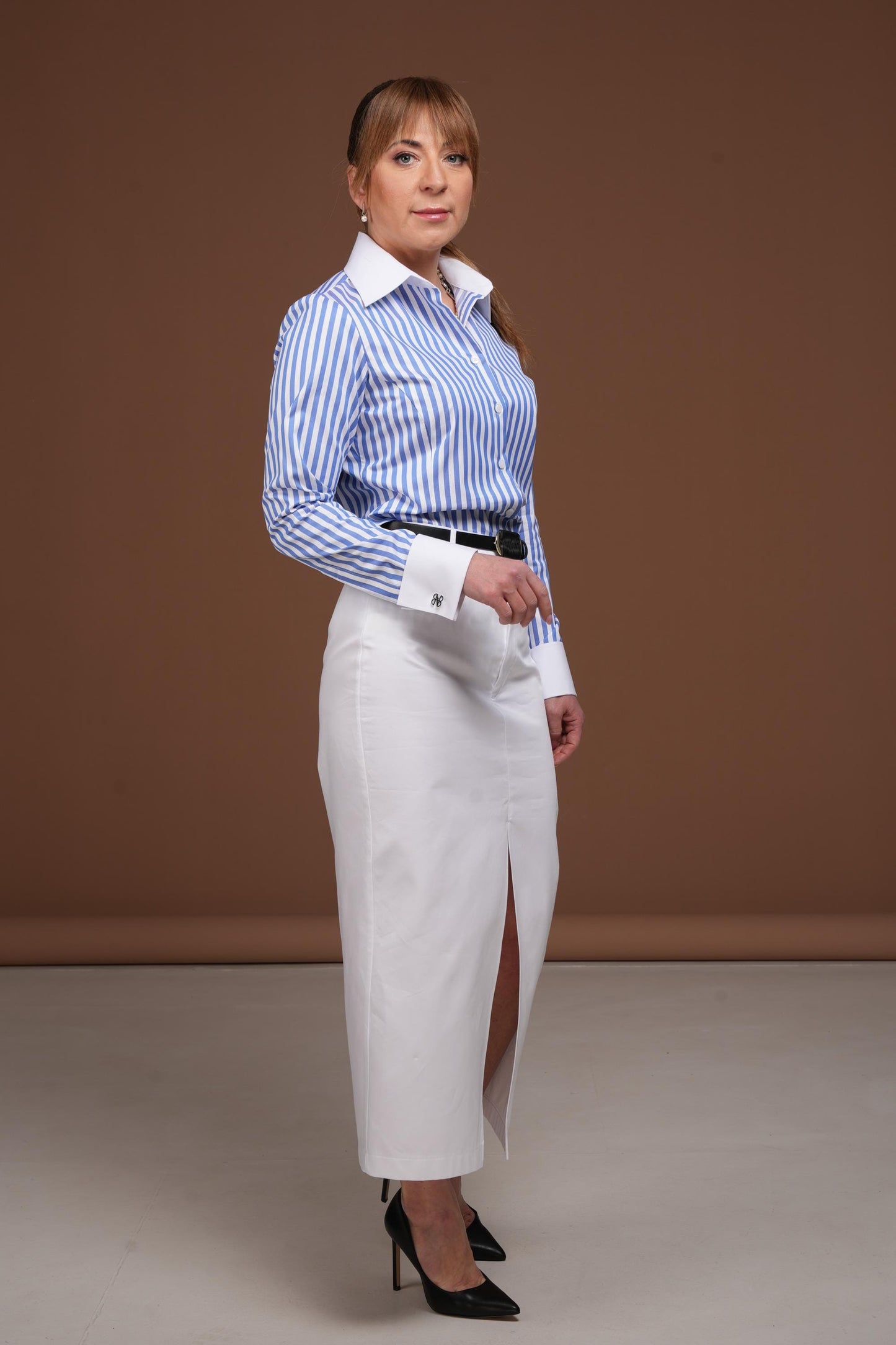 Blue Striped French Cuff Shirt: White Collar Cotton Blouse