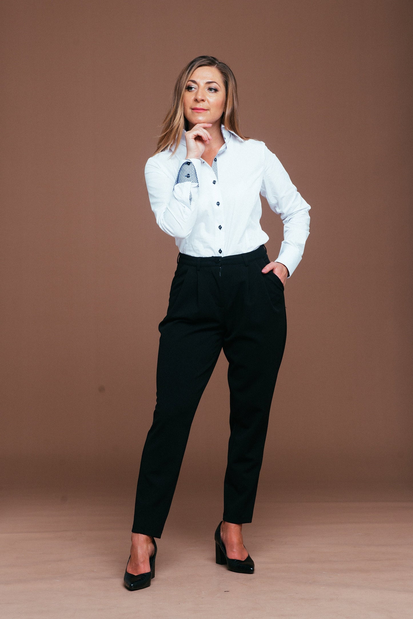White Cotton Blouse: High Collar Button-Up Shirt with Blue Contrast
