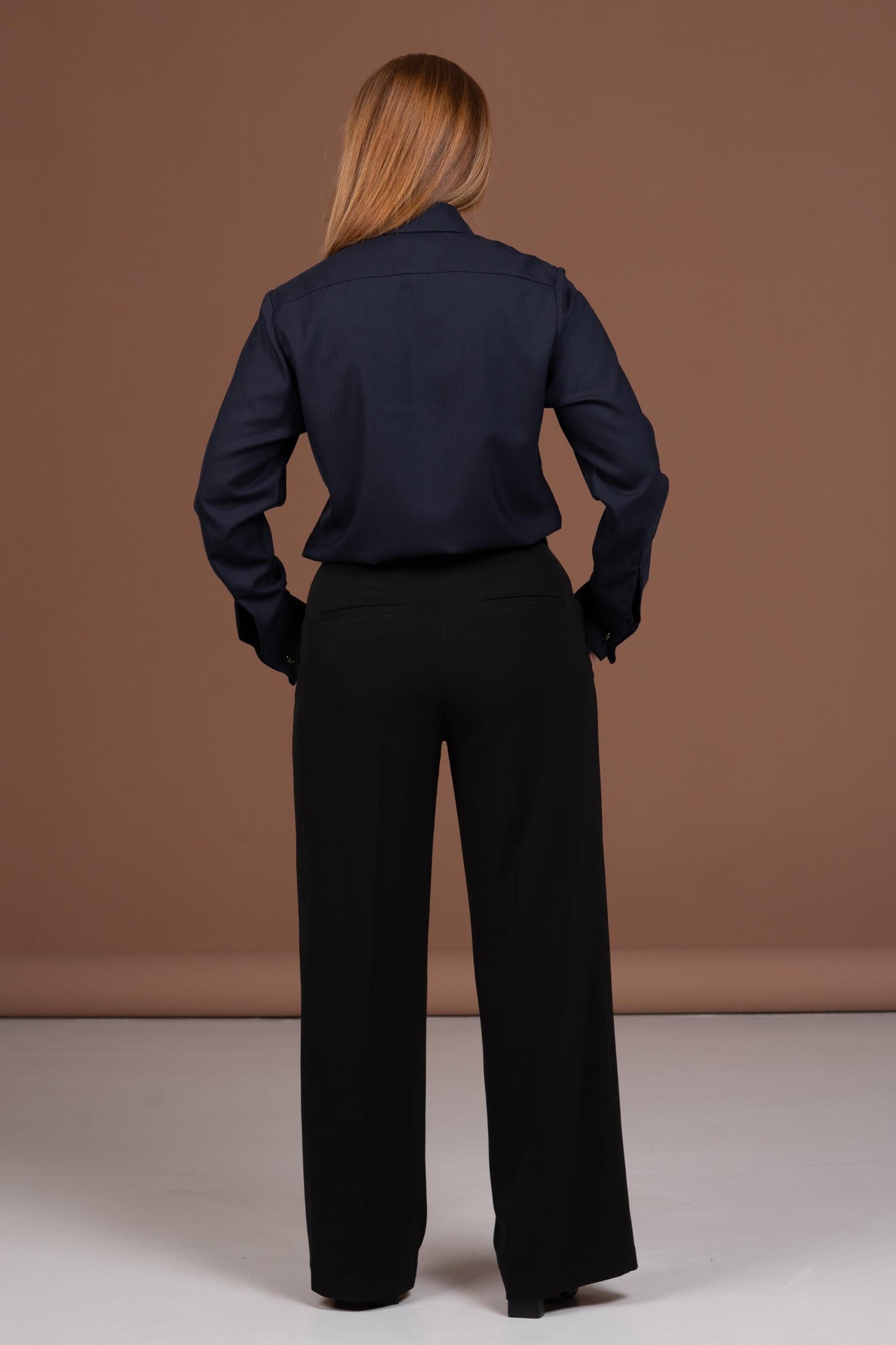 Luxury Navy Merino Wool French Cuff Shirt - Women's Business Blouse