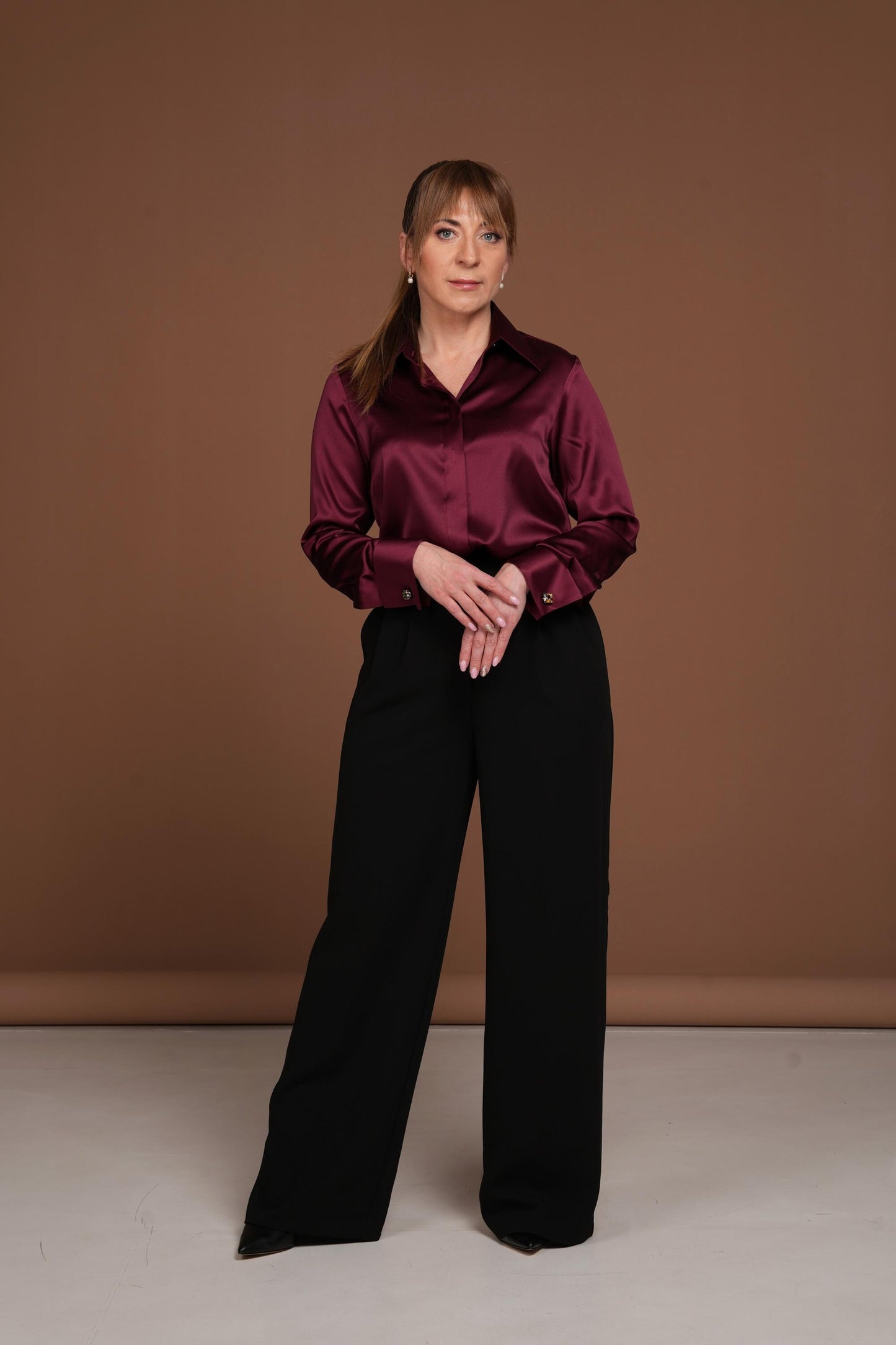 Burgundy Silk Blouse: Satin Shirt with French Cuffs
