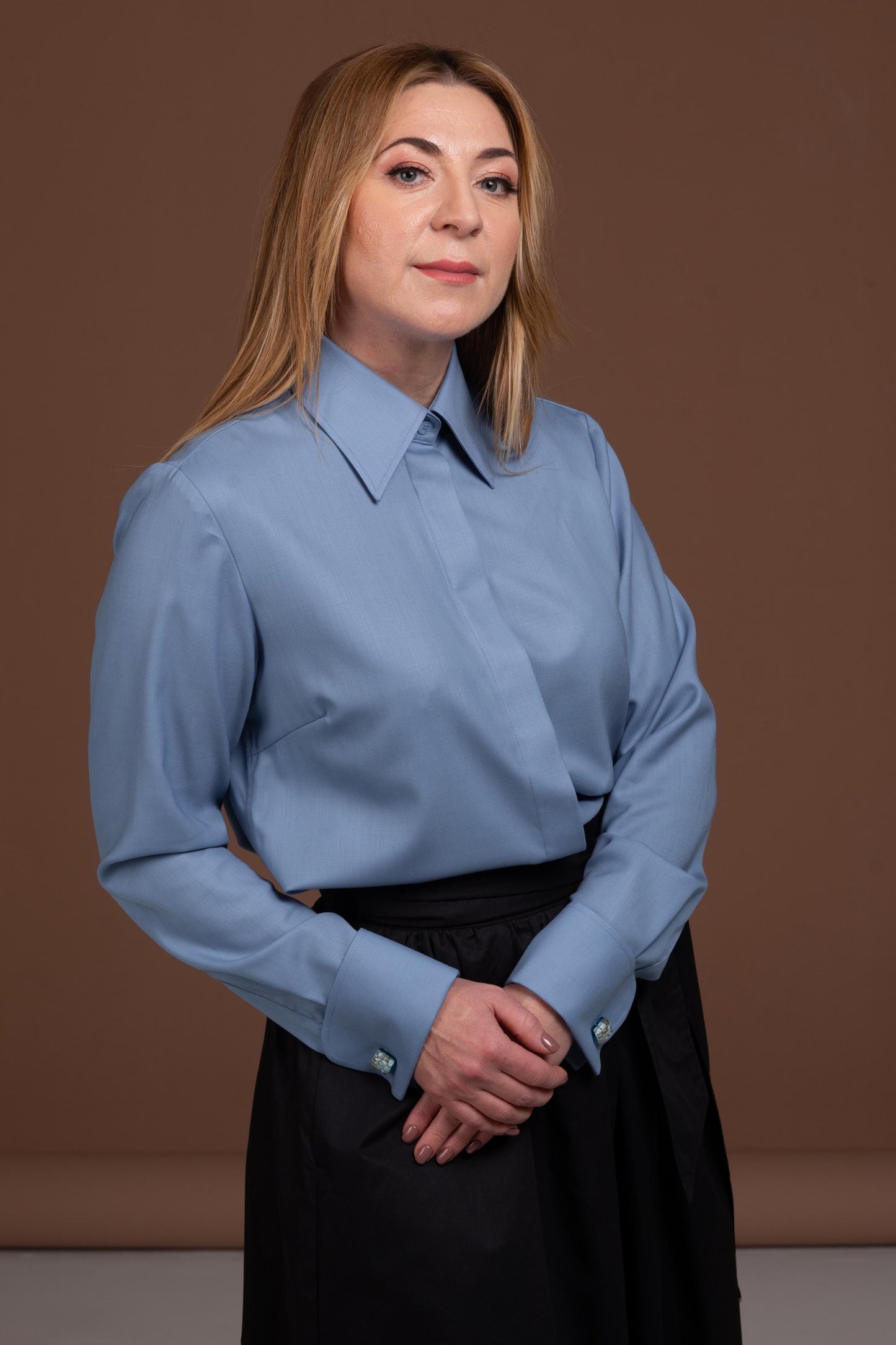Blue Merino Wool Shirt: Women's French Cuff Button-Up Blouse