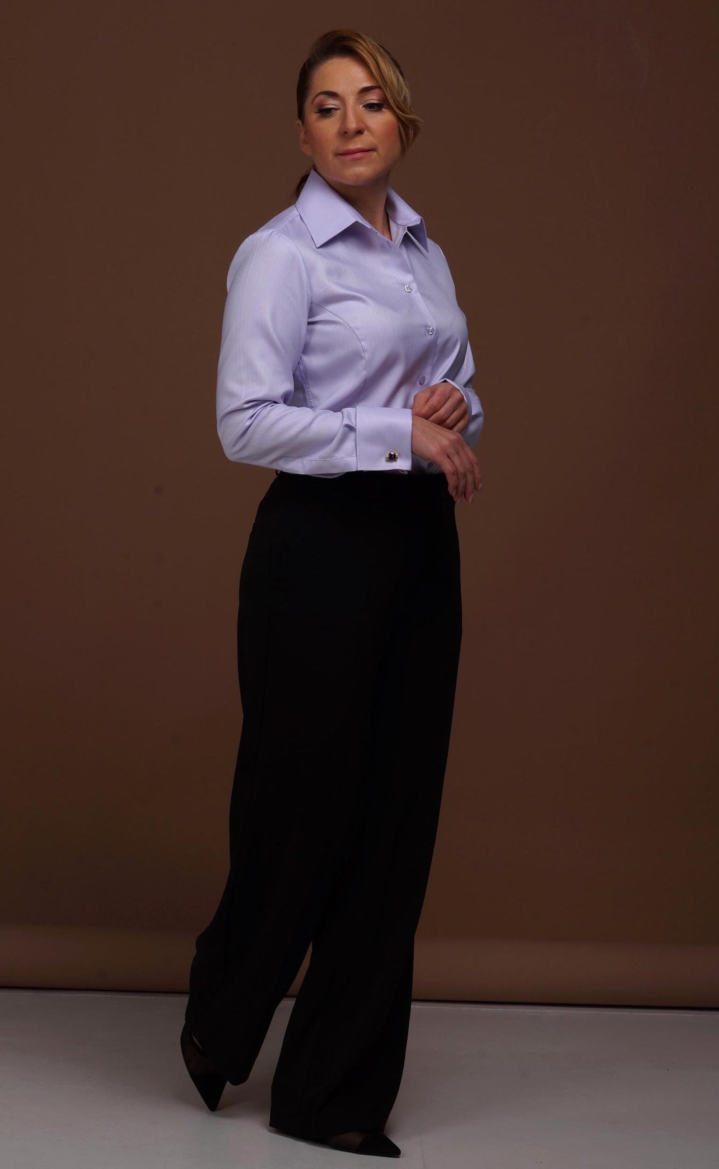 Purple Herringbone Shirt: 100% Cotton French Cuff Blouse