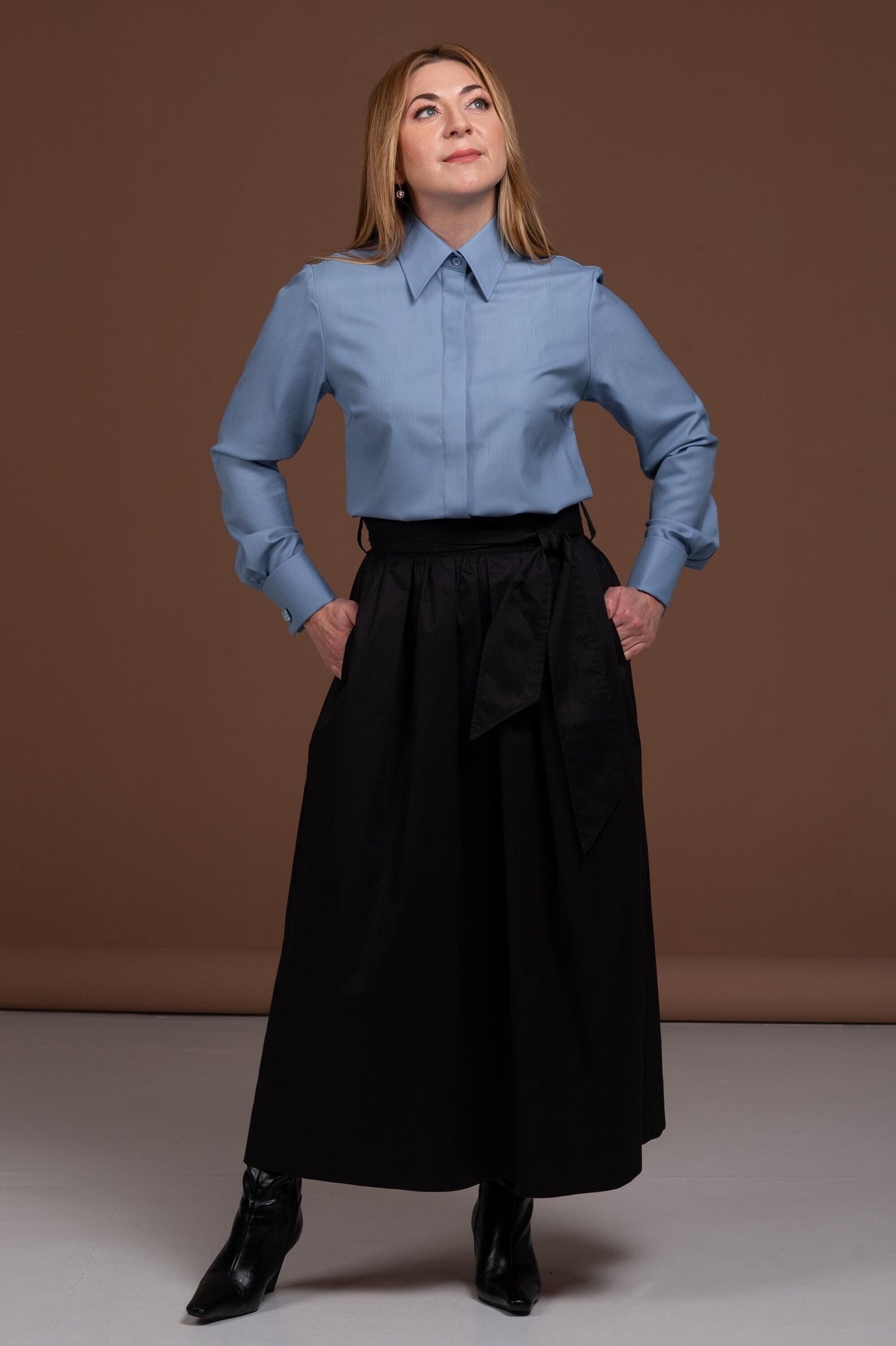 Blue Merino Wool Shirt: Women's French Cuff Button-Up Blouse
