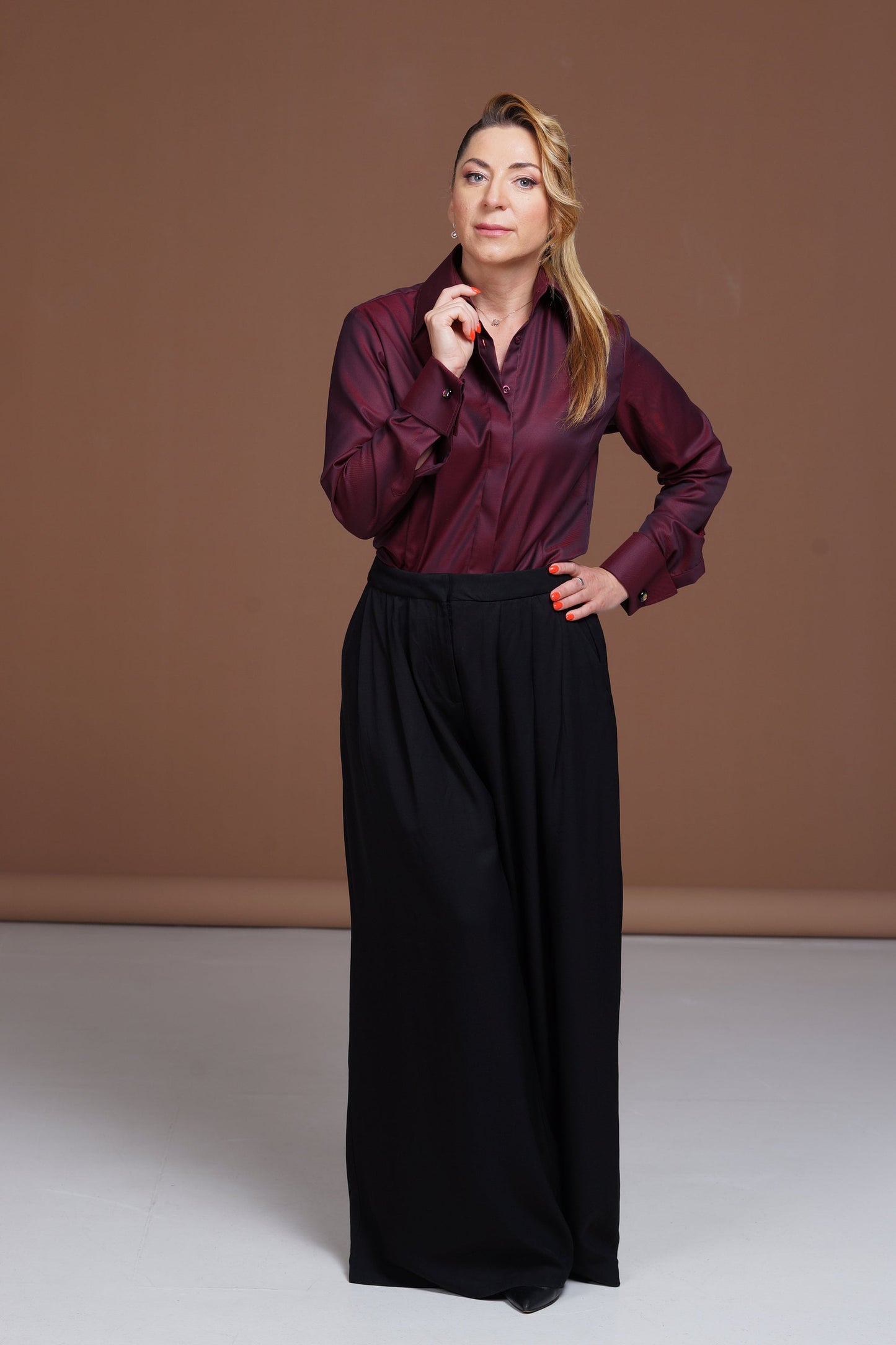 Burgundy French Cuff Blouse: Non-Iron Cotton, High Collar