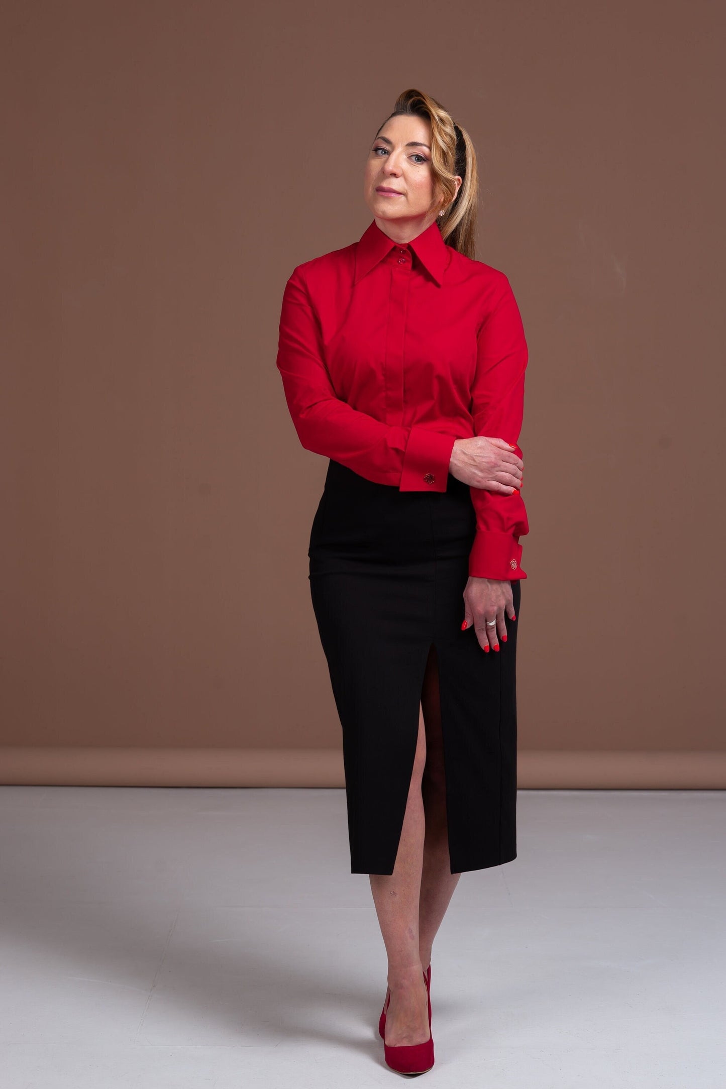 Red Cotton French Cuff Blouse: High Collar Button-Down Shirt