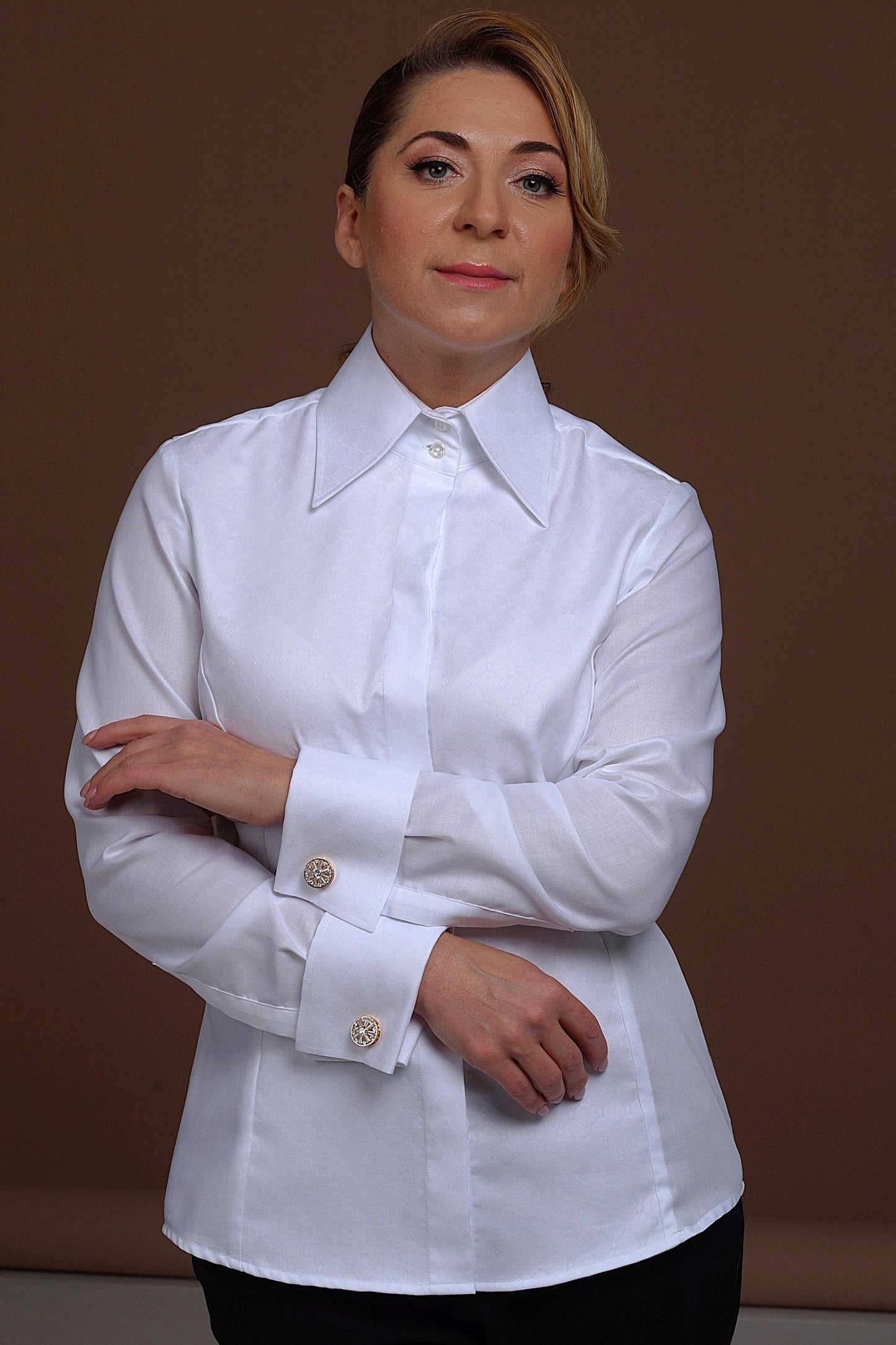 Non-Iron Oxford Women’s Shirt: French Cuff, High Collar
