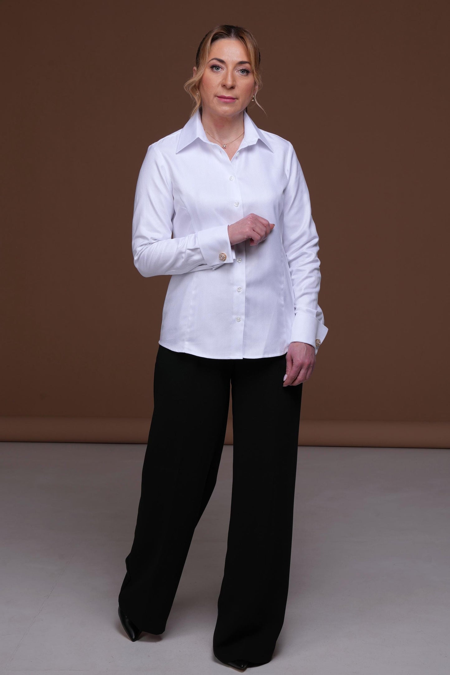 White Herringbone French Cuff Blouse Button Up: 100% Cotton Women's Dress Shirt