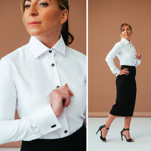White French Cuff Blouse: Cotton Dress Shirt with Black Buttons