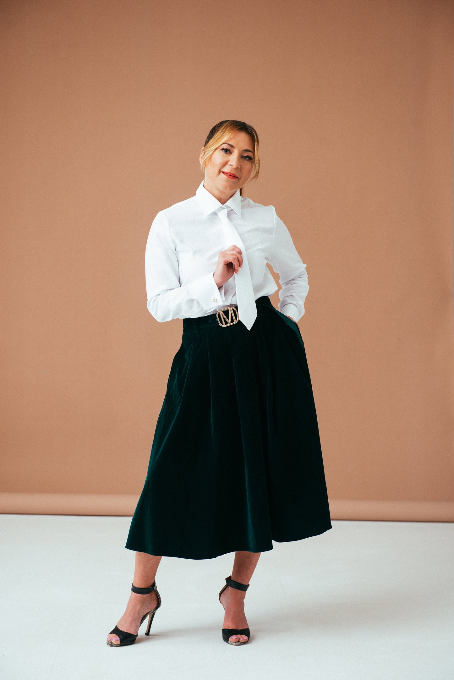 White Paisley Tie Neck Blouse: French Cuff Cotton Shirt