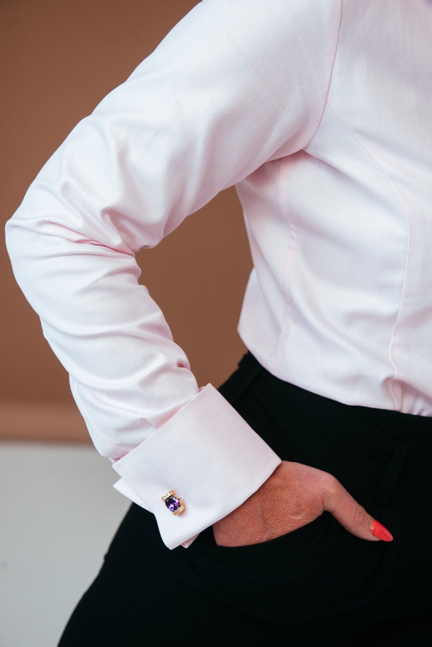 Pink Herringbone French Cuff Blouse: High Collar Cotton Shirt