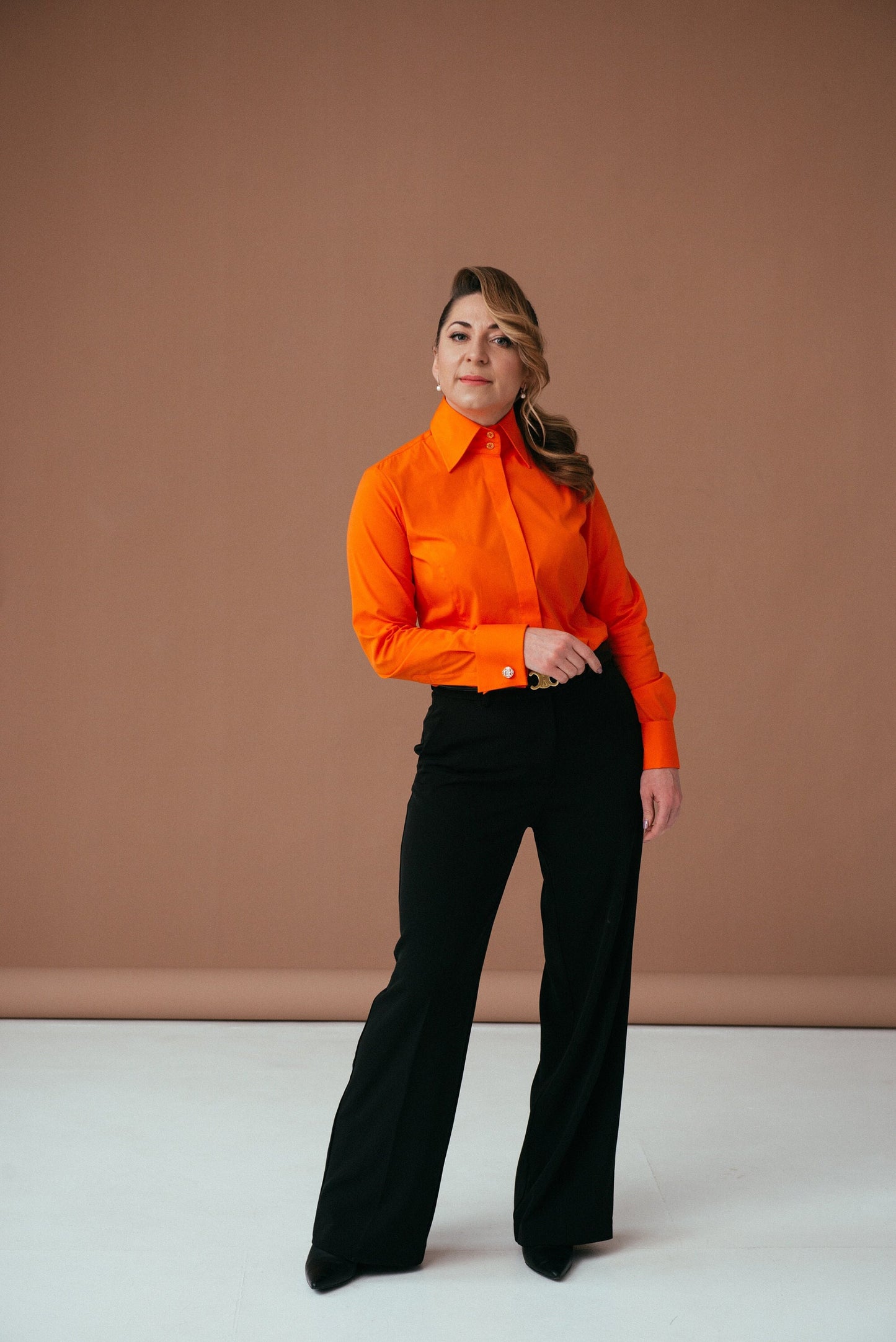 Orange French Cuff Blouse: Stretch Cotton High Collar Shirt