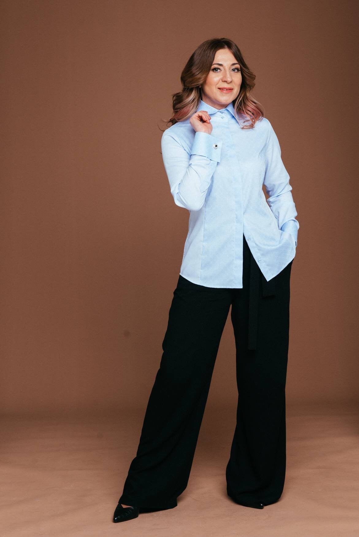 Blue Oxford Cotton French Cuff Blouse: No-Iron Long Sleeve Shirt