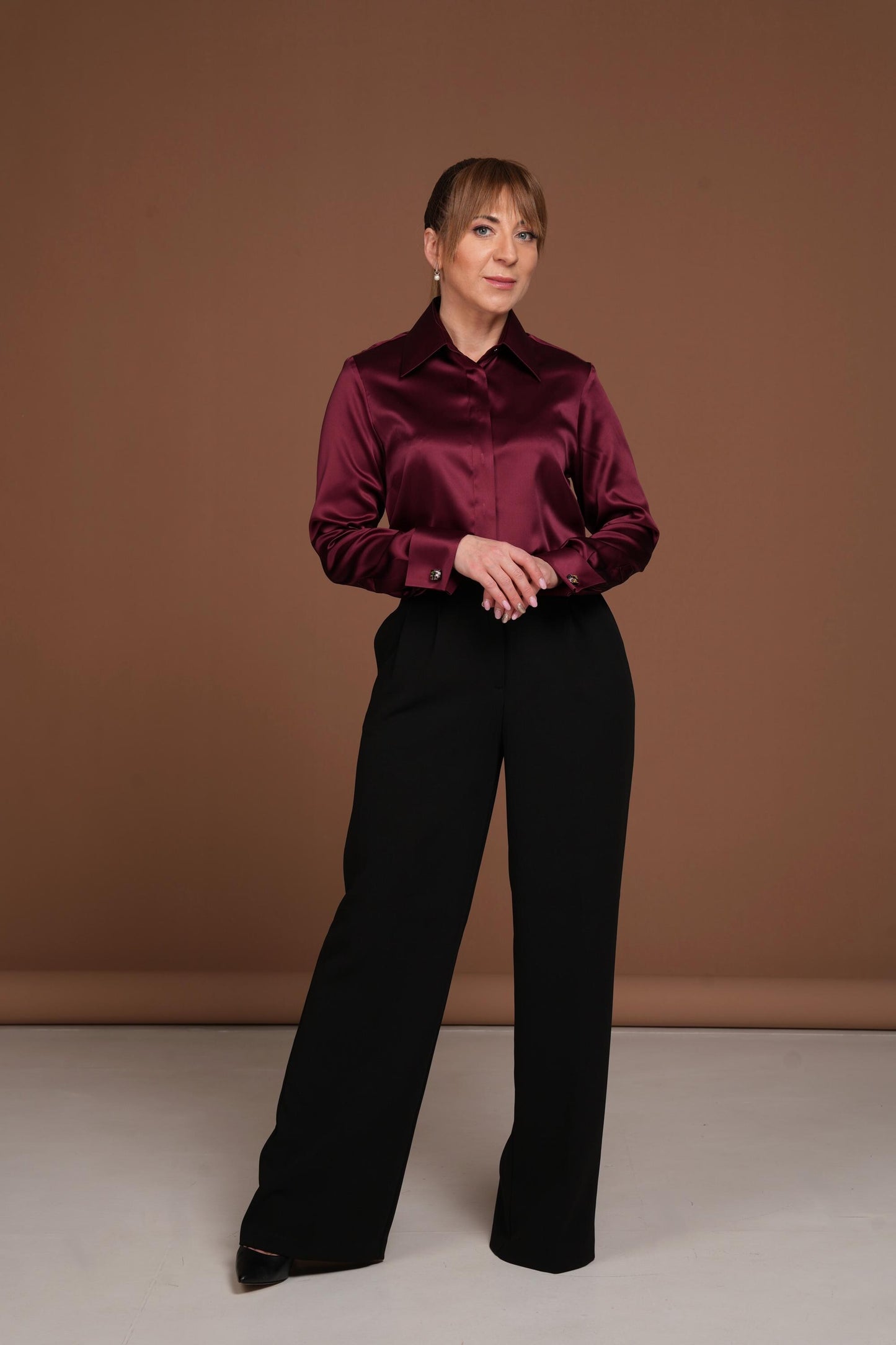 Burgundy Silk Blouse: Satin Shirt with French Cuffs