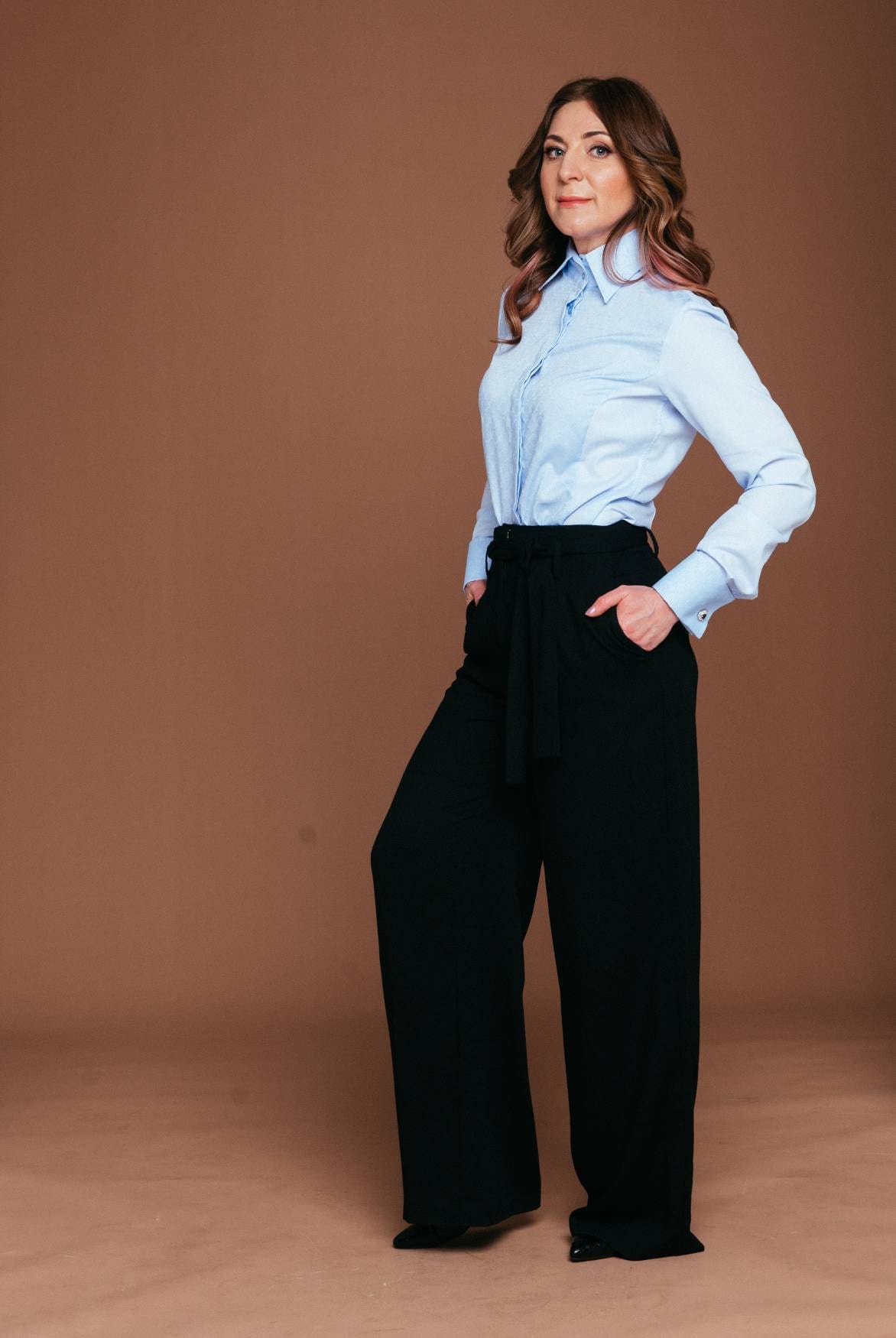 Blue Oxford Cotton French Cuff Blouse: No-Iron Long Sleeve Shirt