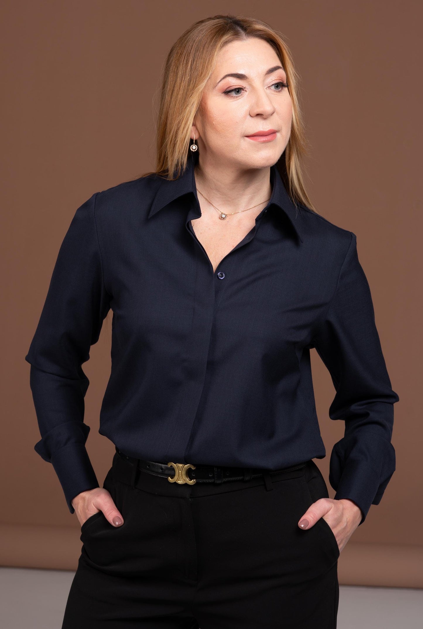 Luxury Navy Merino Wool French Cuff Shirt - Women's Business Blouse