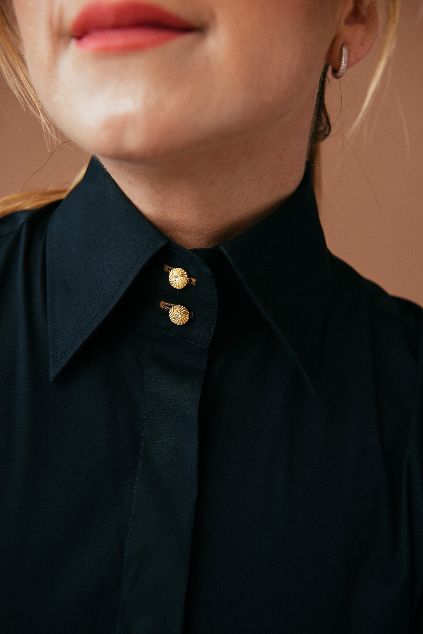 Black French Cuff Blouse: Slim Fit High Collar Cotton Shirt