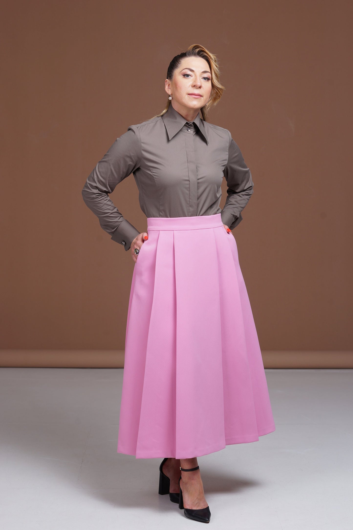 Brown Cotton French Cuff Blouse: High Collar Slim Fit Shirt