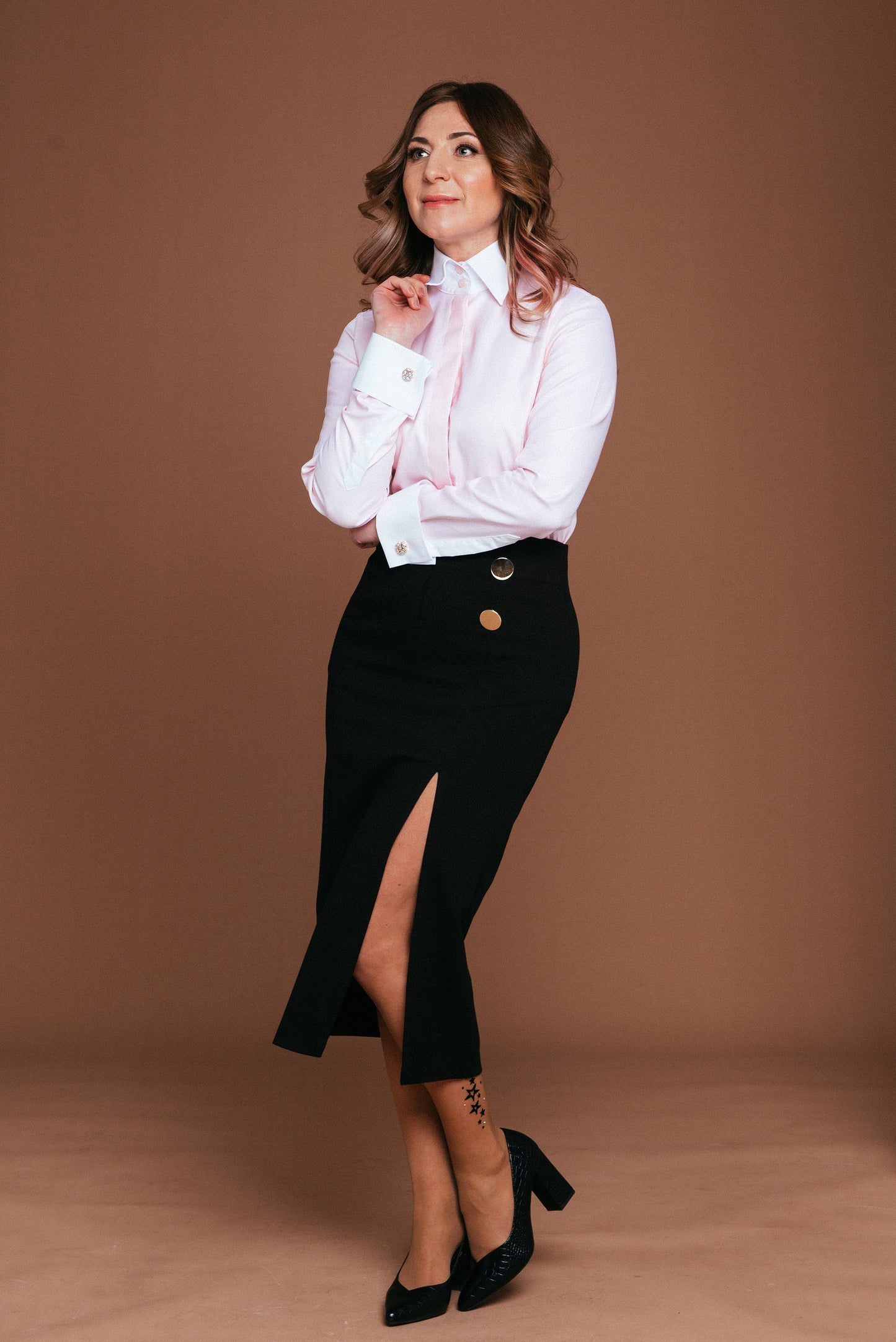 Elegant Pink Cotton French Cuff Blouse: High Collar Womens Shirt