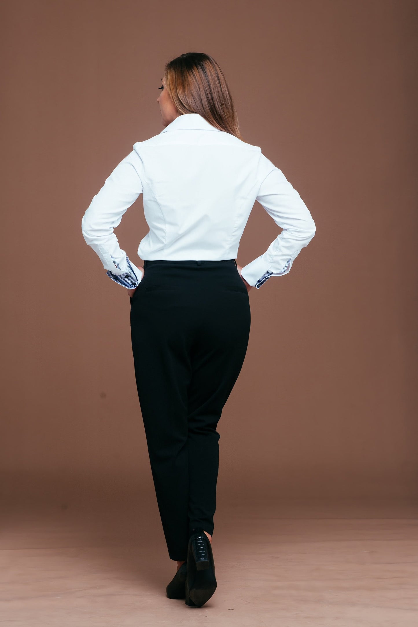 White Cotton Blouse: High Collar Button-Up Shirt with Blue Contrast