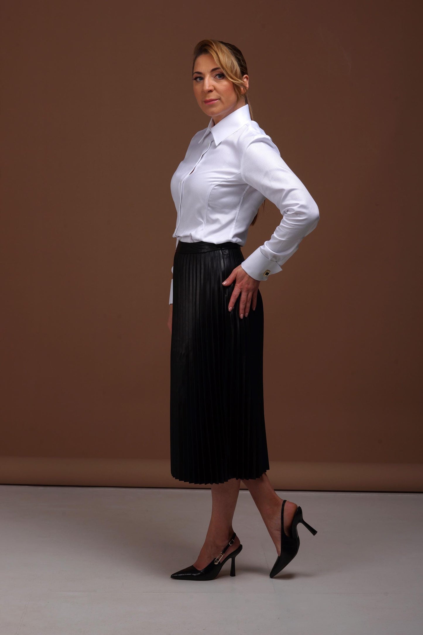 Fitted White Cotton Shirt: French Cuff Blouse, Classic Collar Business Dress Shirt